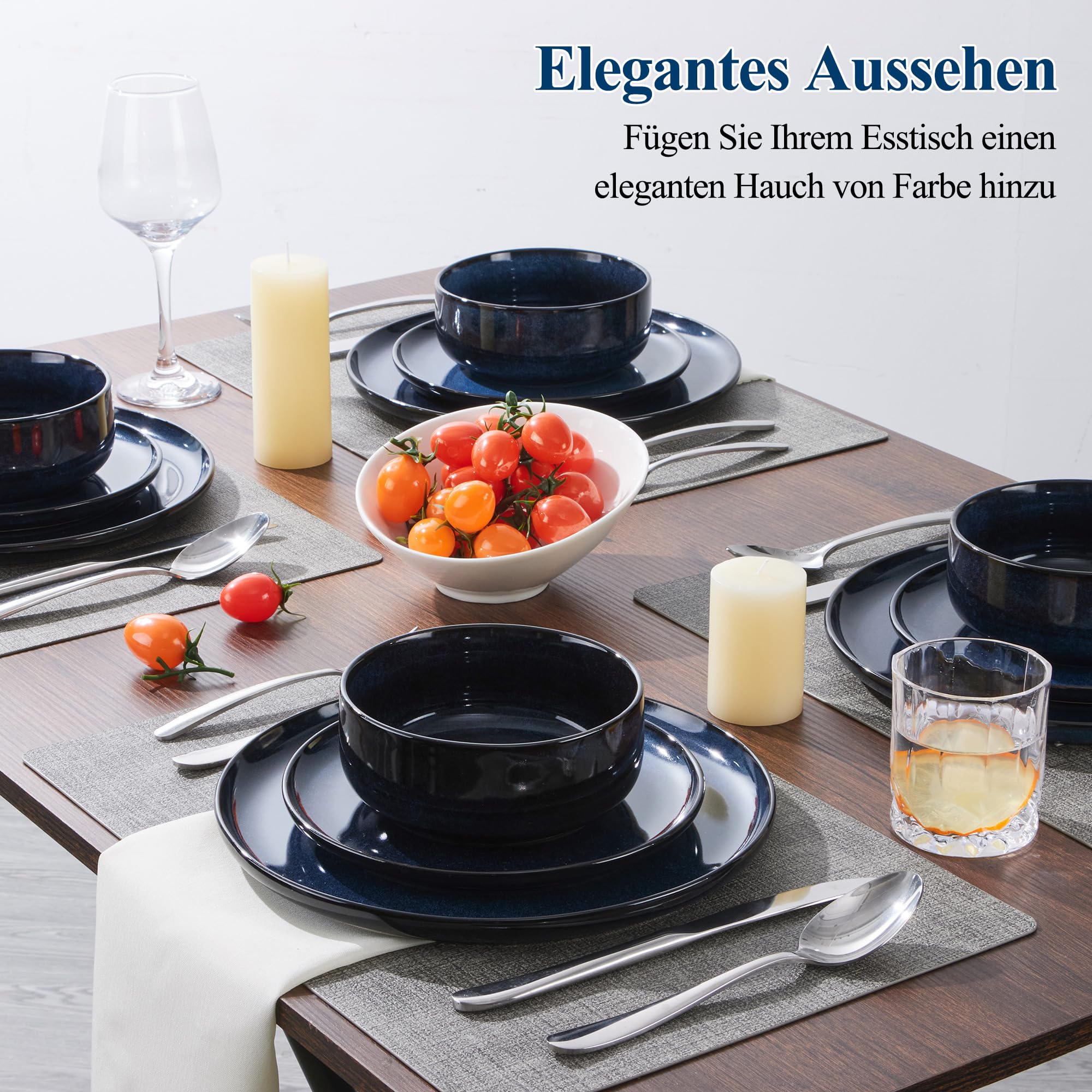 Joyfair Geschirrset 6 Personen, 18-tlg Steinzeug Tafelservice Set, Kratzfest Reaktive Glasur Geschirr Set mit Speiseteller, Dessertteller, Müslischalen, Mikrowellen- & Spülmaschinenfest, Tiefsee Blau