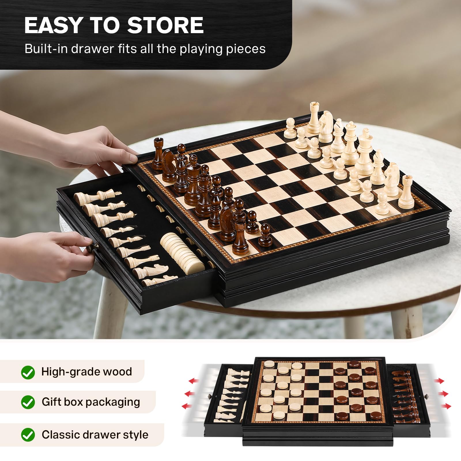 Peradix Magnetic Chess Checkers Board Sets with 2 Built-in Storage Drawers,15" Classic 2 in 1 Wooden Games with 2 Extra Queens for Kids and Adults,Travel Portable Chess Game Set - Image 2