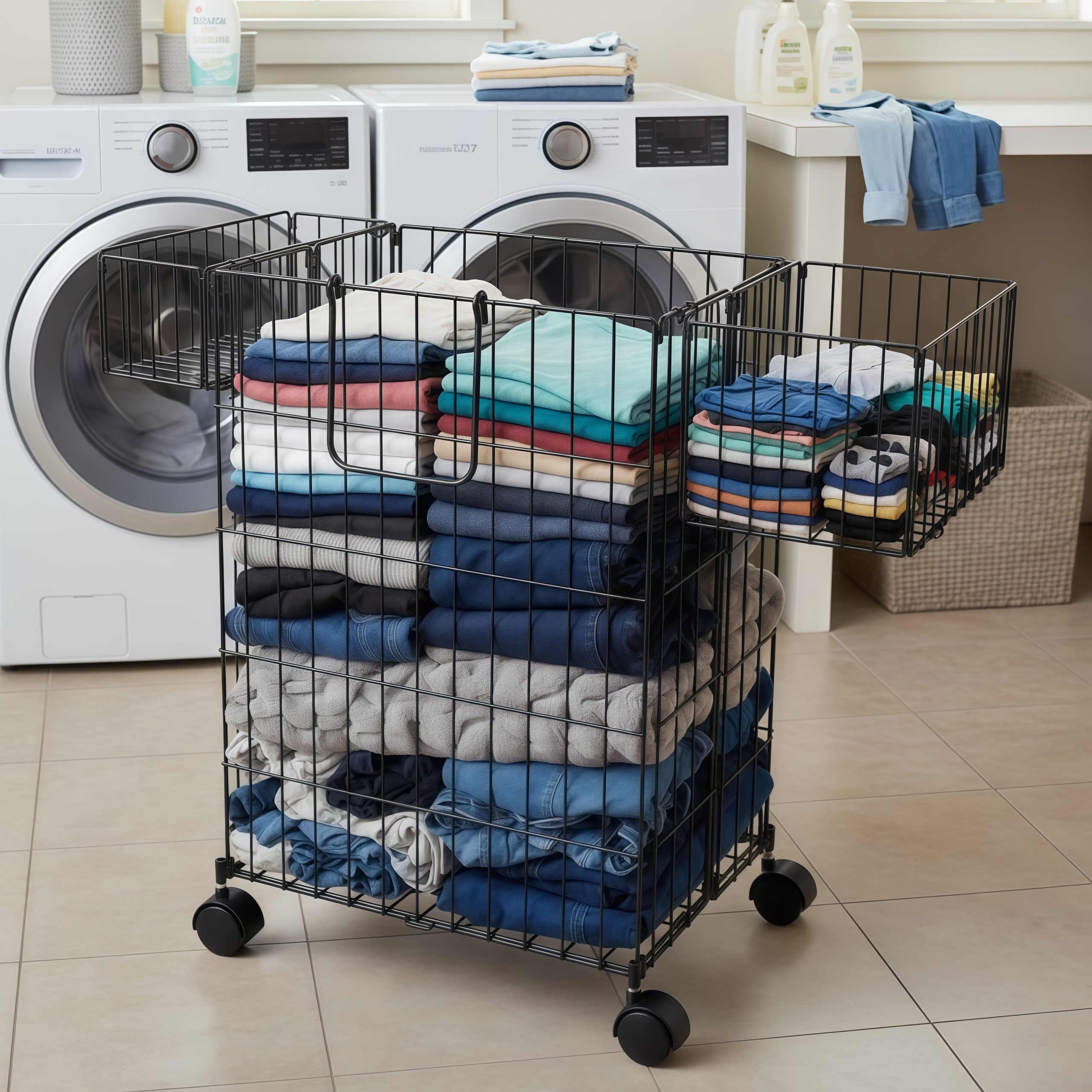 Rollbarer Wäschekorb mit Rollen, 63,5 cm hoch, 160 l Fassungsvermögen, Drahtgestell, mit feststellbaren Schwenkrädern und beweglichem Griff (Schwarz)