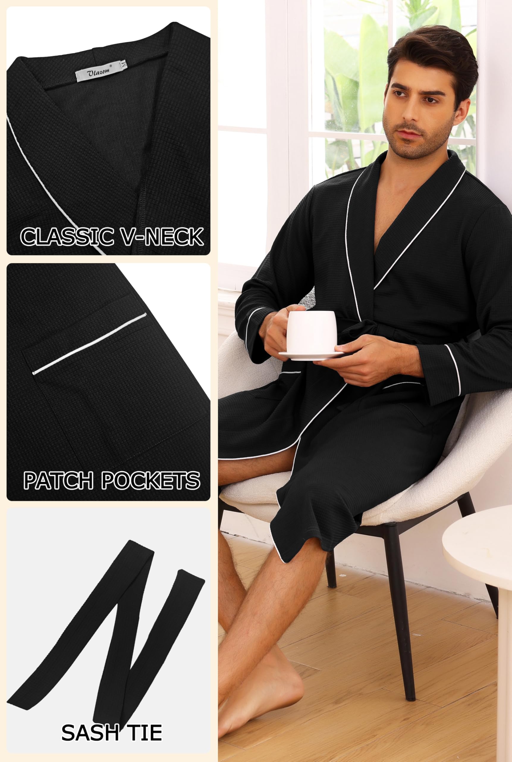 Vlazom Peignoir Homme en Coton Waffle à Col Revers Robe de Chambre avec Poches, Ceinture et Finitions Contrastées
