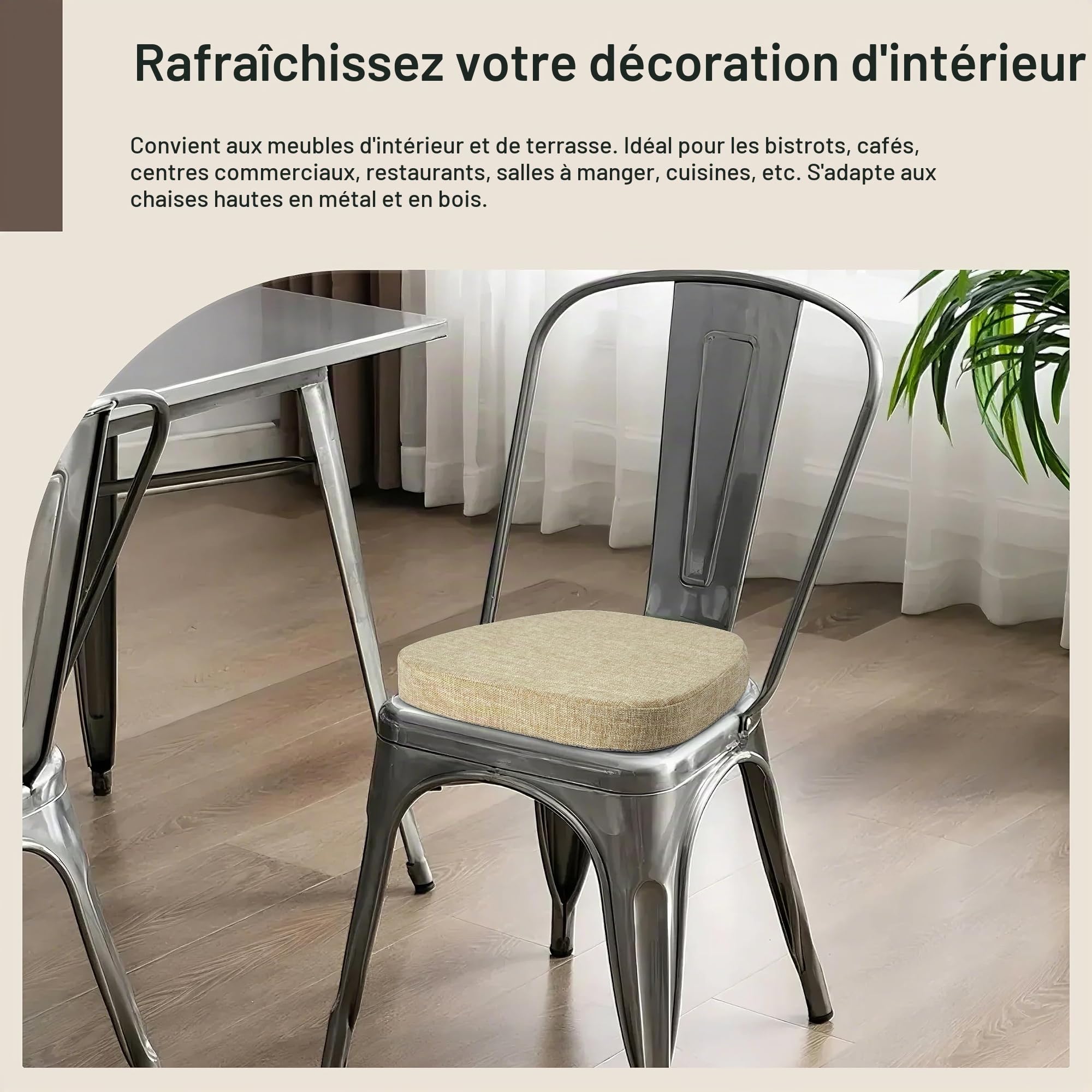 OVOV Lot de 4 coussins de chaise antidérapants texturés épais avec attaches et housse amovible pour chaises de salle à manger en métal (35,5 x 35,5 x 5 cm, beige)