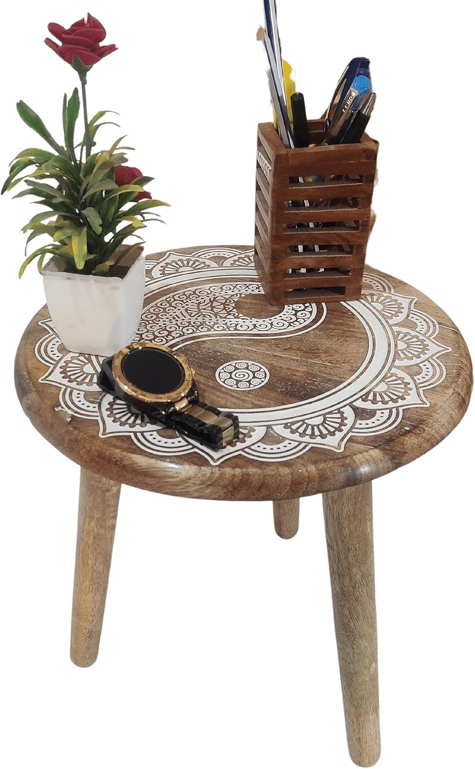 VANIYA CRAFTS® Wooden Engraved Fold-able Side Table/End Table/Plant Stand/Stool for Living Room Bedroom Restaurant Kids Play Furniture Table Round Shape (Natural White)