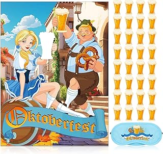 Pin The Beer on The Oktoberfest Party Game Poster with 32 Stickers Oktoberfest Decorations Blindfold Game Set Grad Party Supplies Decorations