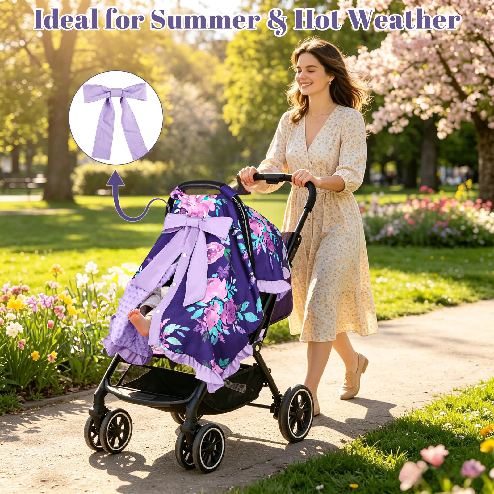 TANOFAR Ruffle Baby Mädchen Autositzbezug, Peekaboo Öffnung Autositzbezug für Babys, weiche und atmungsaktive Babytrage Baldachin, Mehrzweck-Babytrage, lila Blume