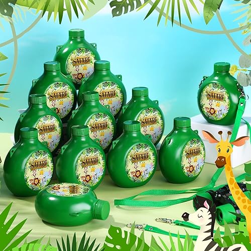 Miniatura 2 de Cantinas para niños con correas, color verde militar y calcomanías de safari, botellas de agua reutilizables de plástico de 10 onzas, vasos a granel