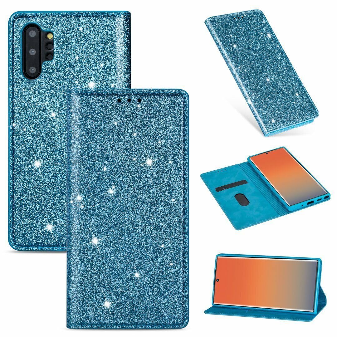 Generic Étui compatible avec Samsung Galaxy S20 FE (couleur : bleu) étui portefeuille à rabat magnétique à paillettes en cuir avec porte-cartes