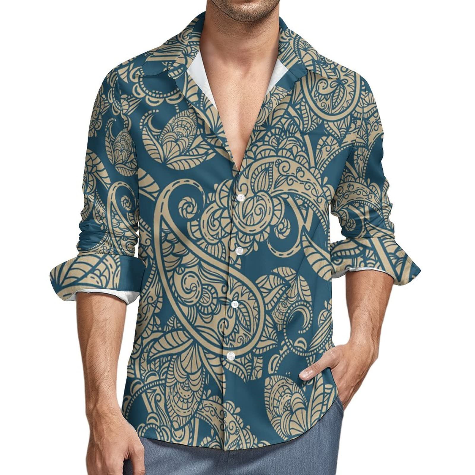 Amazon.co.jp: シャツ メンズ 長袖 Tシャツ ペイズリー柄 アロハシャツ  
