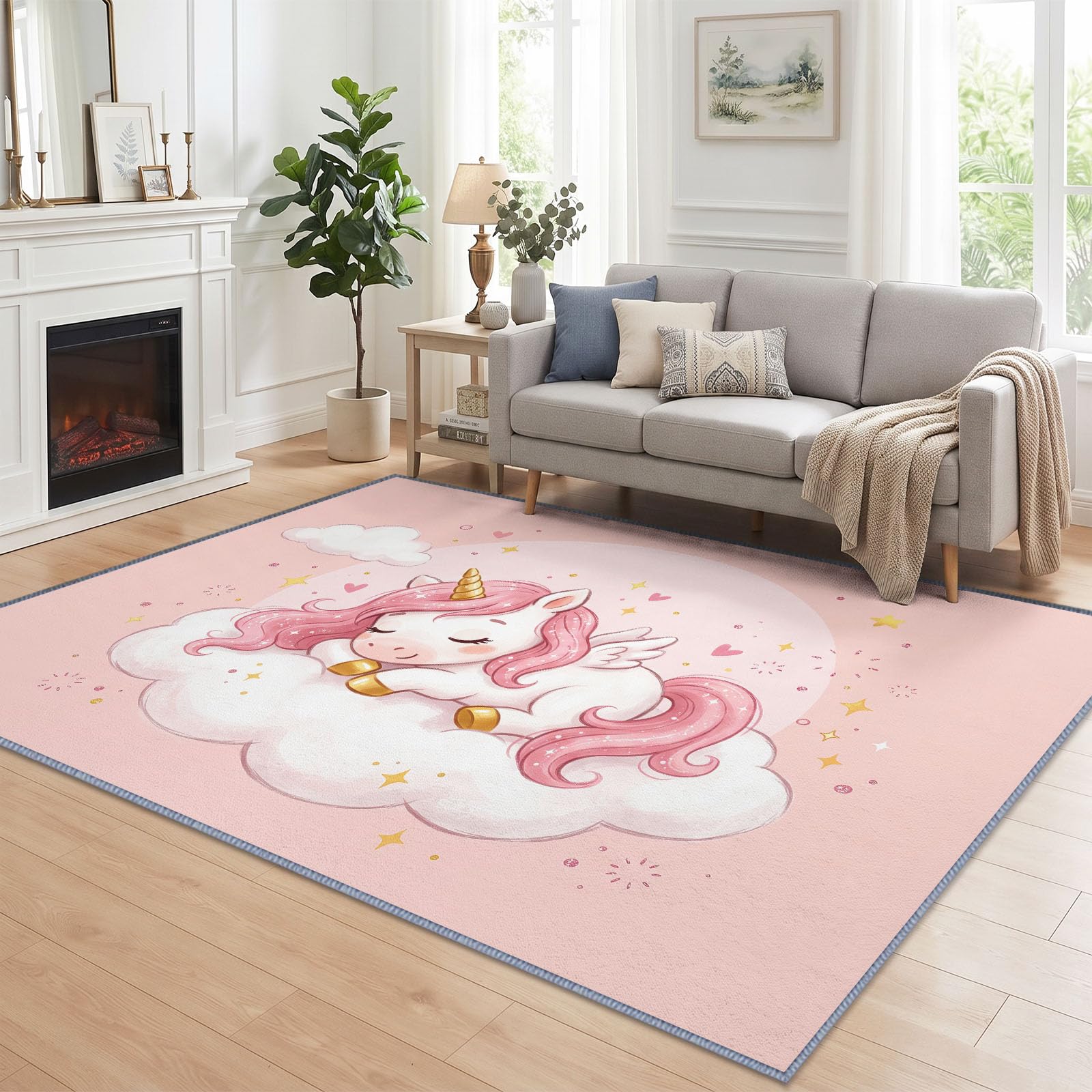 Tapis de Salon Lavable en Machine 160 x 230 cm, Dessin Animé Fantastique Animaux Licorne Tapis Chambre, Antidérapant, Poils Courts, Douce, Adapté à L'aspirateur pour Entree Interieur, Couloir, Rose