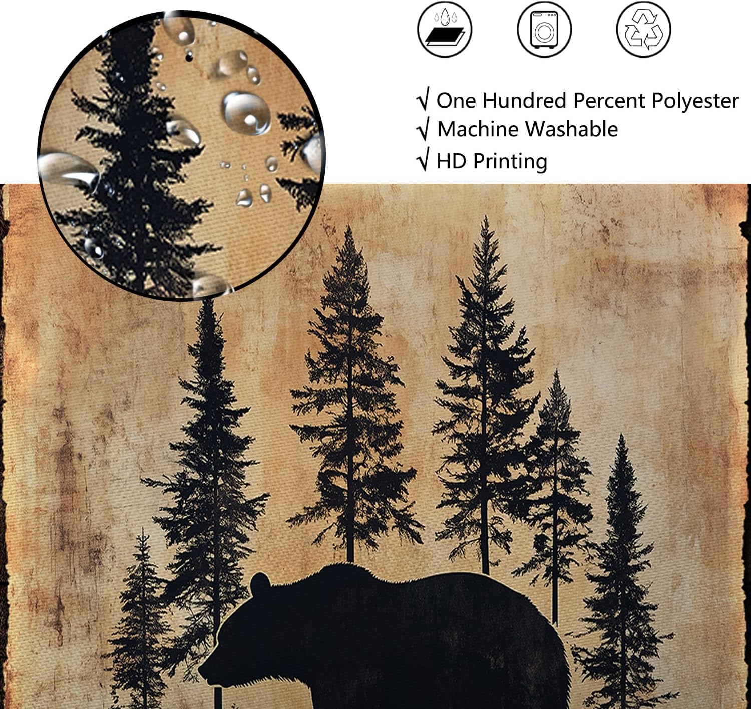Rustic Bear Shower Curtain, Farmhouse Country Wild Animal Forest Vintage Wood Decor Bath Curtain, Hunting Camping Waterproof Fabric Bathroom Accessories Set with Hooks, 70X75IN
