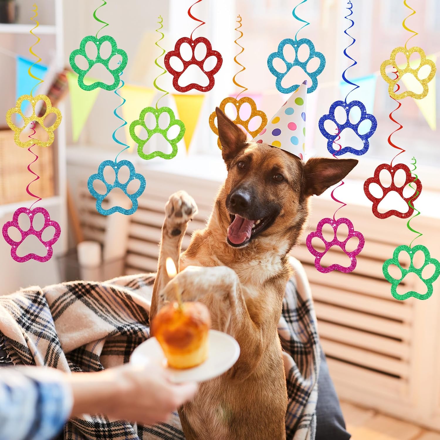 YQUQWN 16 PCS Dog Birthday Decorations Kit,6 PCS Double Spiral Ribbons, Dog Swirl Hanging Decorations Puppy Birthday Party Glitter Paw Prints Reusable for Kids Pet Baby Shower Party image 5