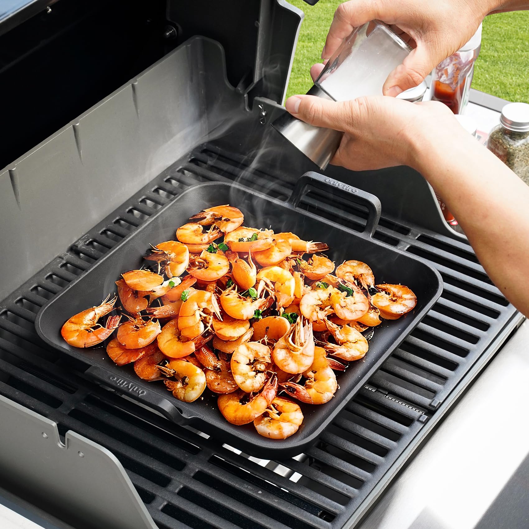 onlyfire Poêle en Fonte avec Poignée pour Barbecue, 31.5 x 31.5 cm, Plaque de Cussion pour BBQ, Poêles Gril Carrée, Accessoire pour Barbecue a Gaz, Charbon et Four