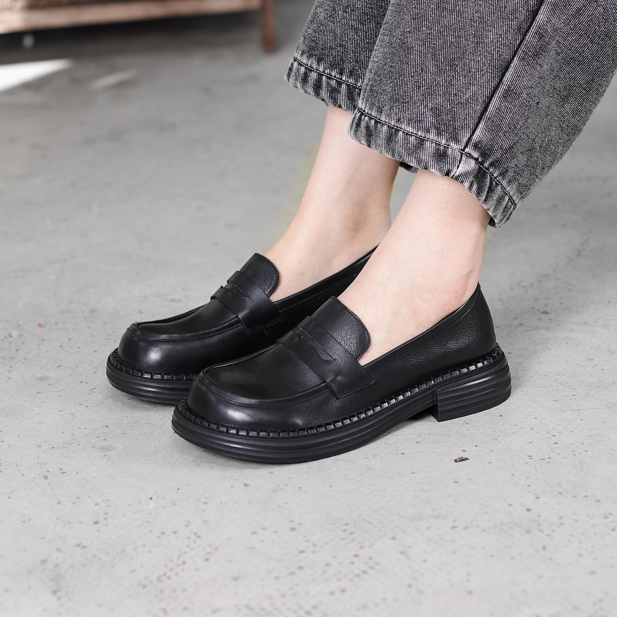 Mocassini Slip-on Donna Punta Quadrata Plateau Scarpe da Penny Vera Pelle Tacco Spesso Comfort Piedi Larghi Casual Quotidiano pendolare Business Casual appuntamento caffè