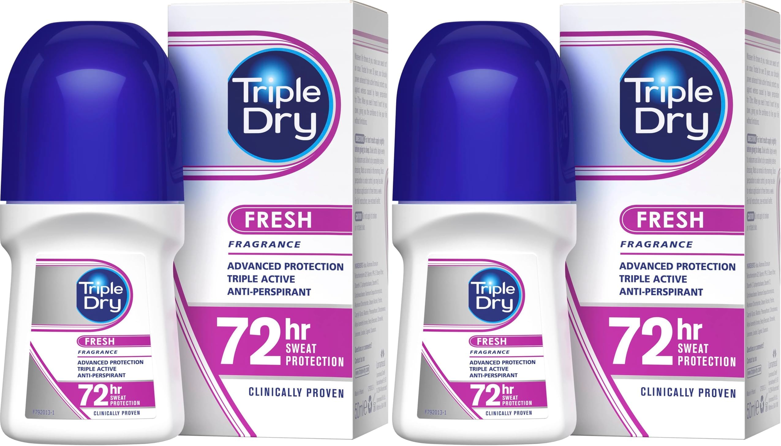 Triple Dry Women | Fresh Fragrance Anti-Perspirant Roll On 50ml | 72-Hour Protection Against Excessive Sweating | Fights Odour | Triple Active Formula | Clinically Proven | Female (Pack of 2)