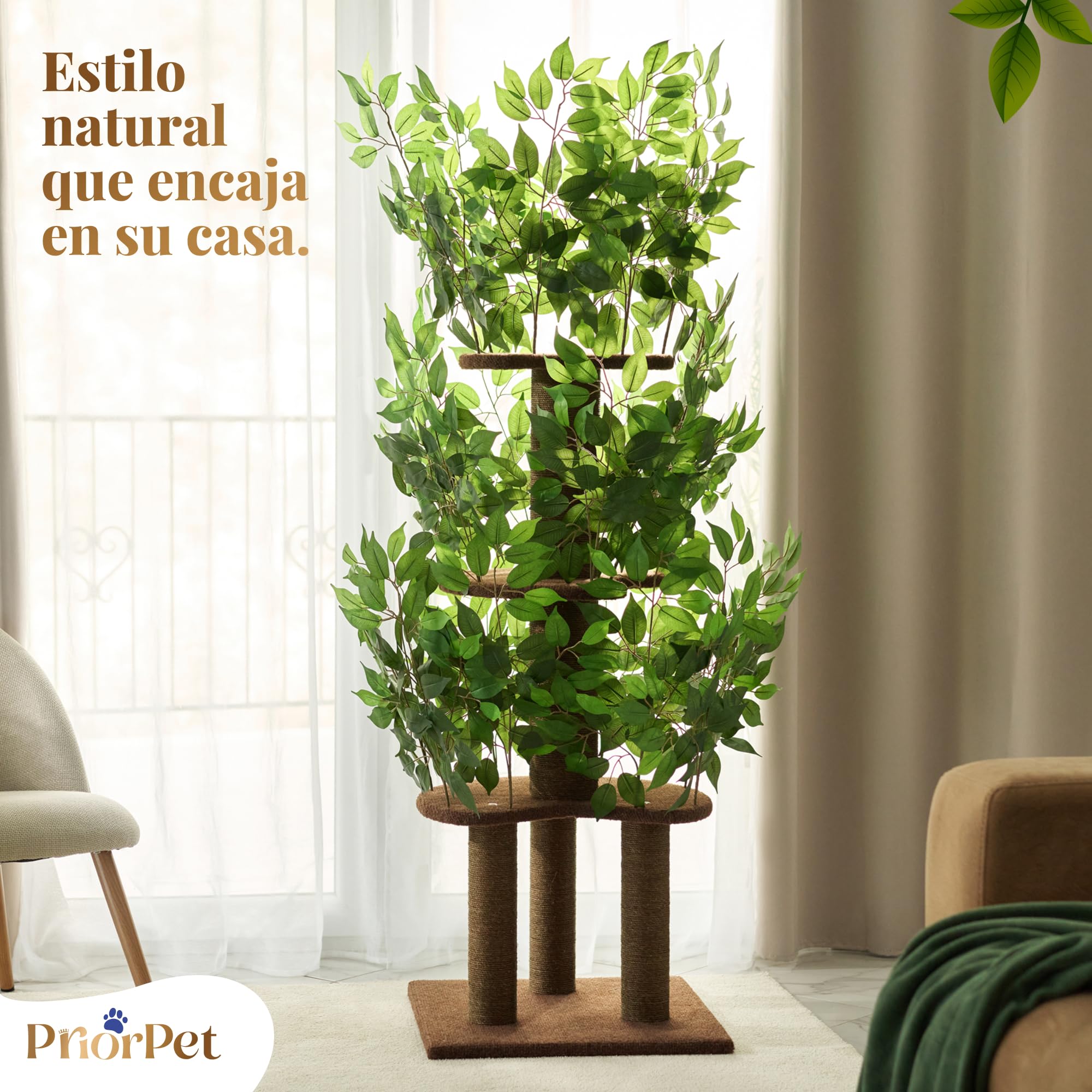 Arbol rascador con Hojas Compacto y Estable para Gatos Grandes – 4 Niveles para trepar, rascar y Descansar – Hojas seguras – Fácil Montaje – Materiales Resistentes y Aptos para Mascotas – 160CM