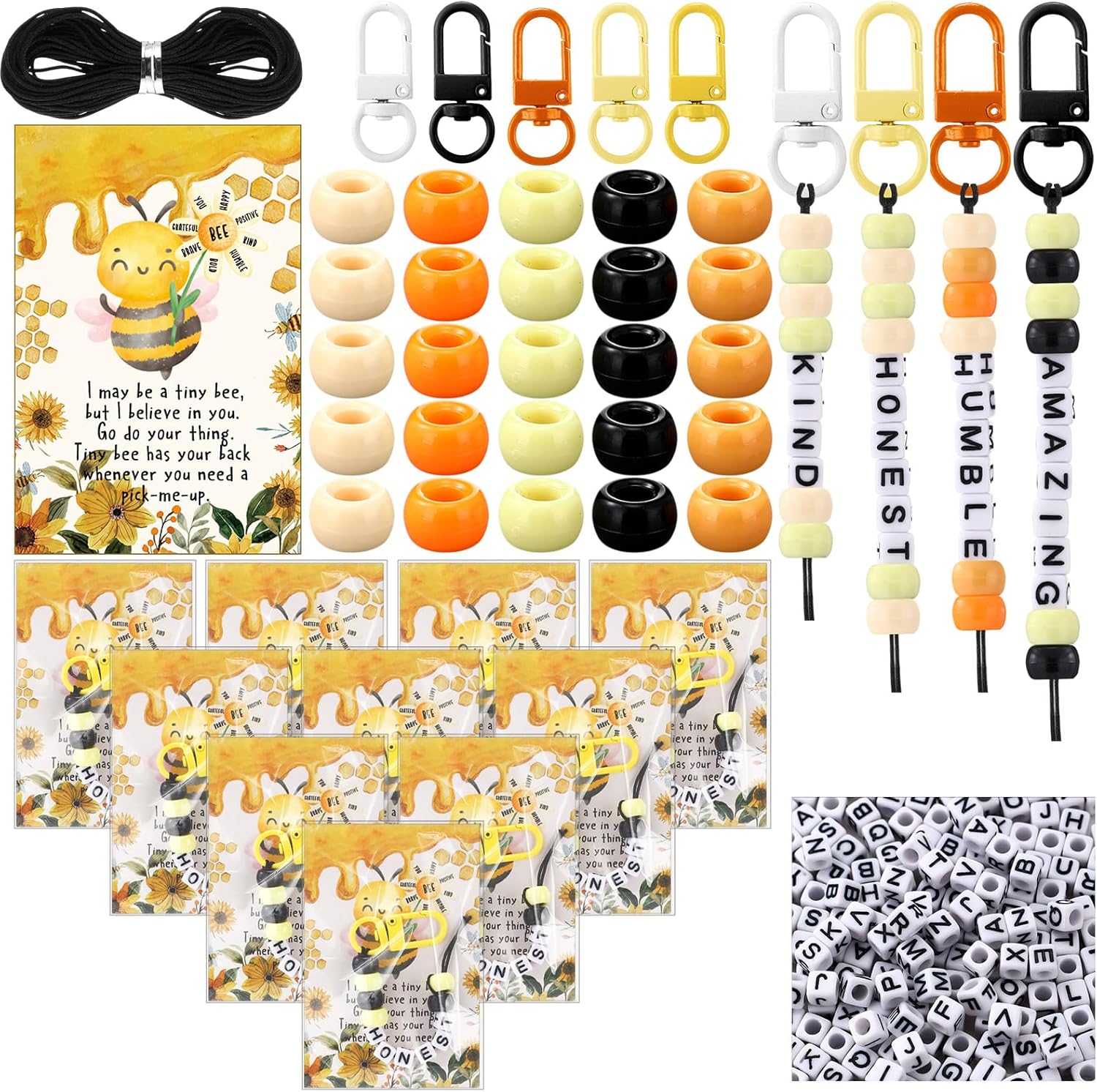 Ferreve 60 Set Back to School Crafts Kits Bee Keychains with Positive Gift Cards for Classroom Activities Beadable Keychains with Inspirational Beads Positive Bee