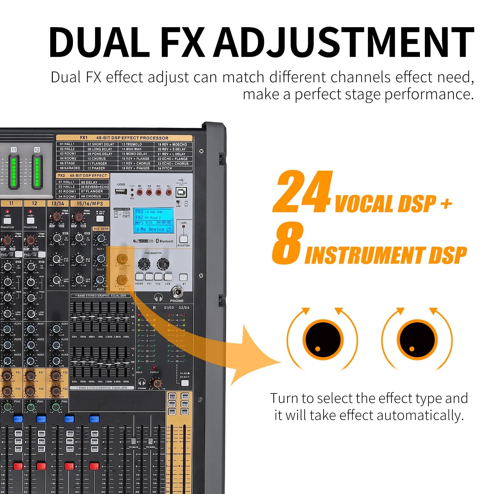 Mixer Audio, Mixer a 24 canali, Effetti DSP e Doppia Console di missaggio for regolazioni EQ a 7 Bande per Studio di Karaoke, Streaming e Registrazione