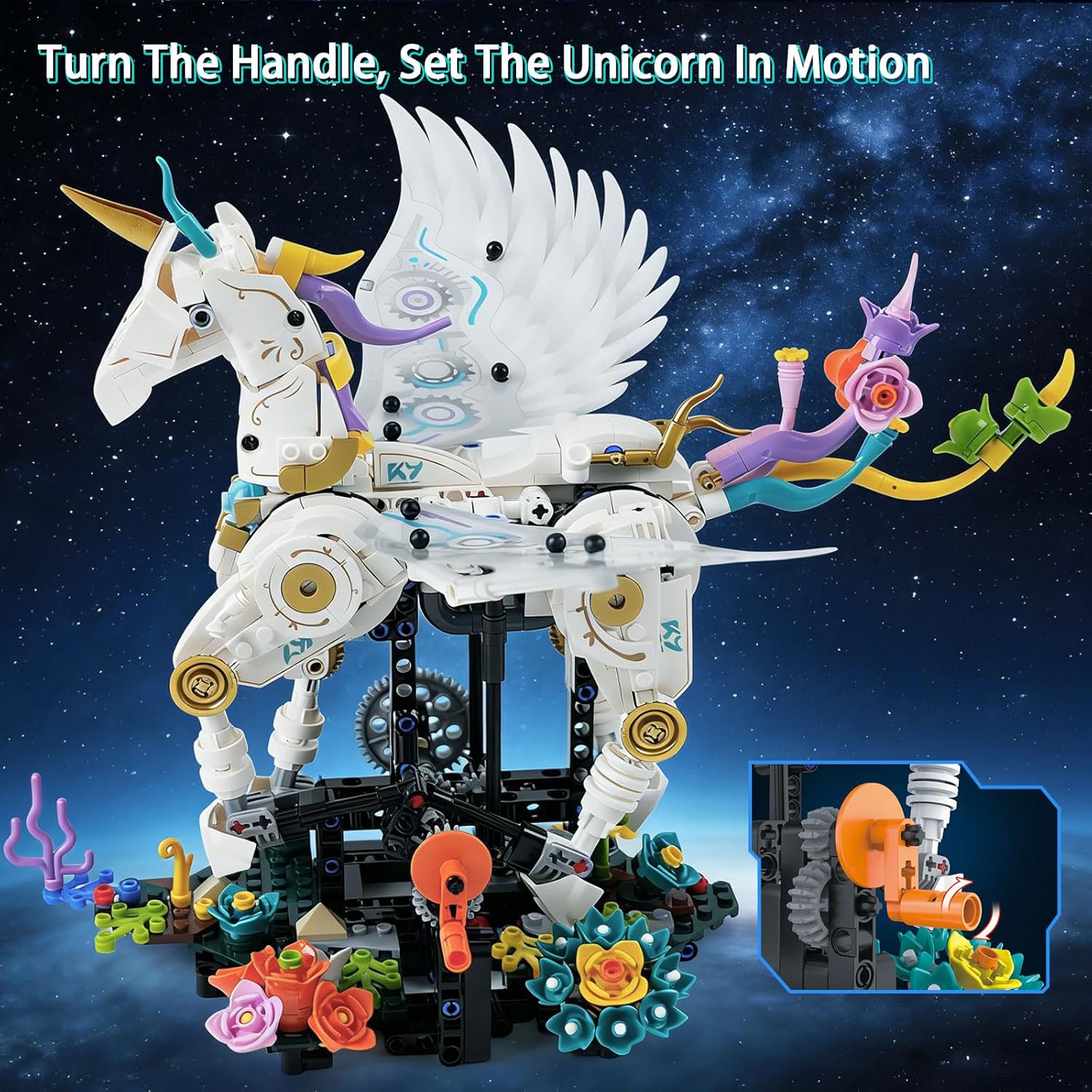 Unicorn Building Blocks Set - STEM Toys for Girls & Boys Ages 8-14+, Crank-Powered Movement, Movable Wings & Legs, Flower Base, Birthday Gift for Kids & Adults, Home/Office Decor(817+Pieces)