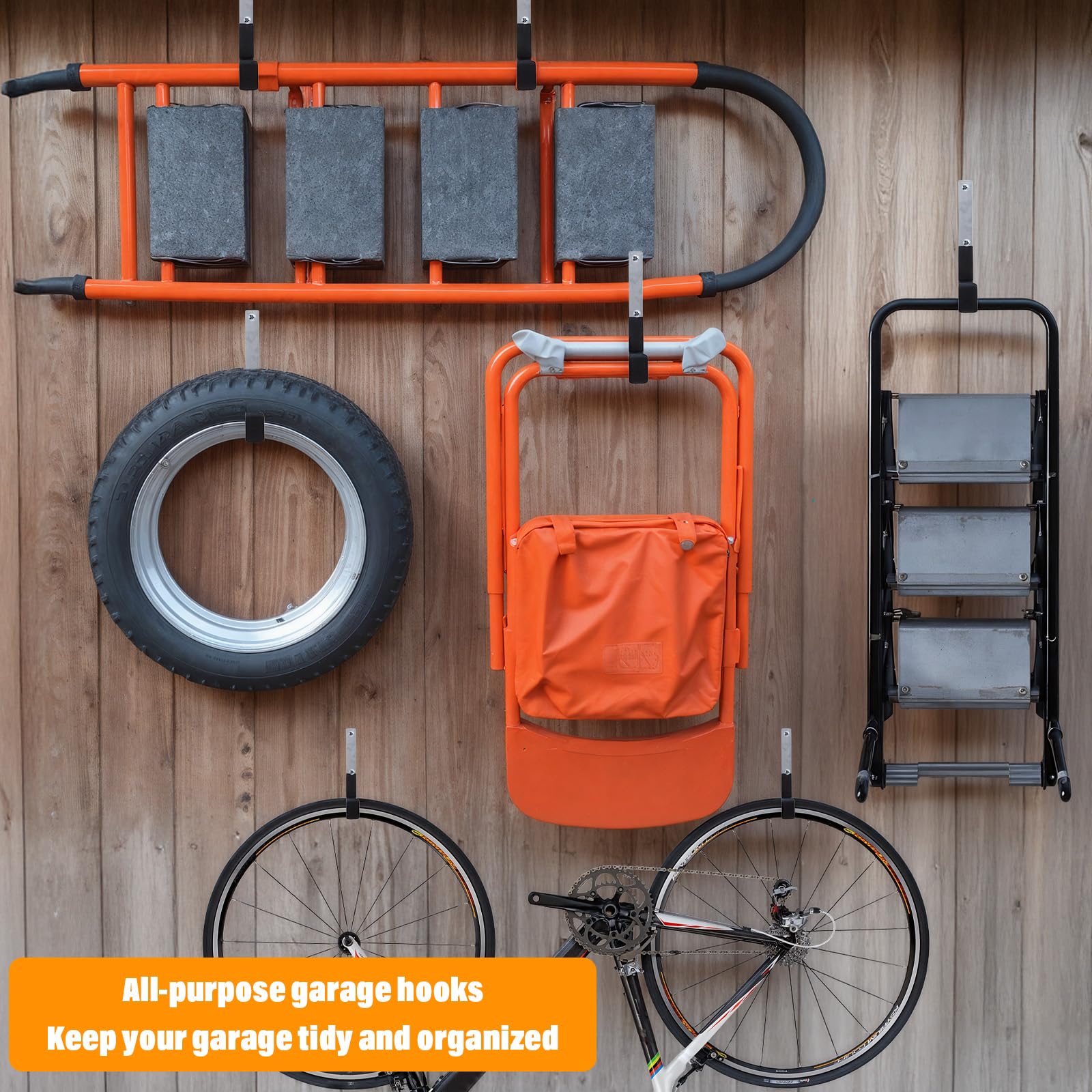 4 ganchos de garaje resistentes, de acero inoxidable, para montaje en pared, organizador de herramientas para manguera de jardín, escalera, bicicleta