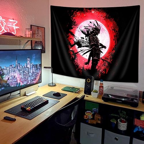 Miniatura 4 de JAWO Tapiz de anime samurái, genial tapiz japonés negro y rojo para colgar en la pared para dormitorio de hombres, tapiz asiático chino rojo sol