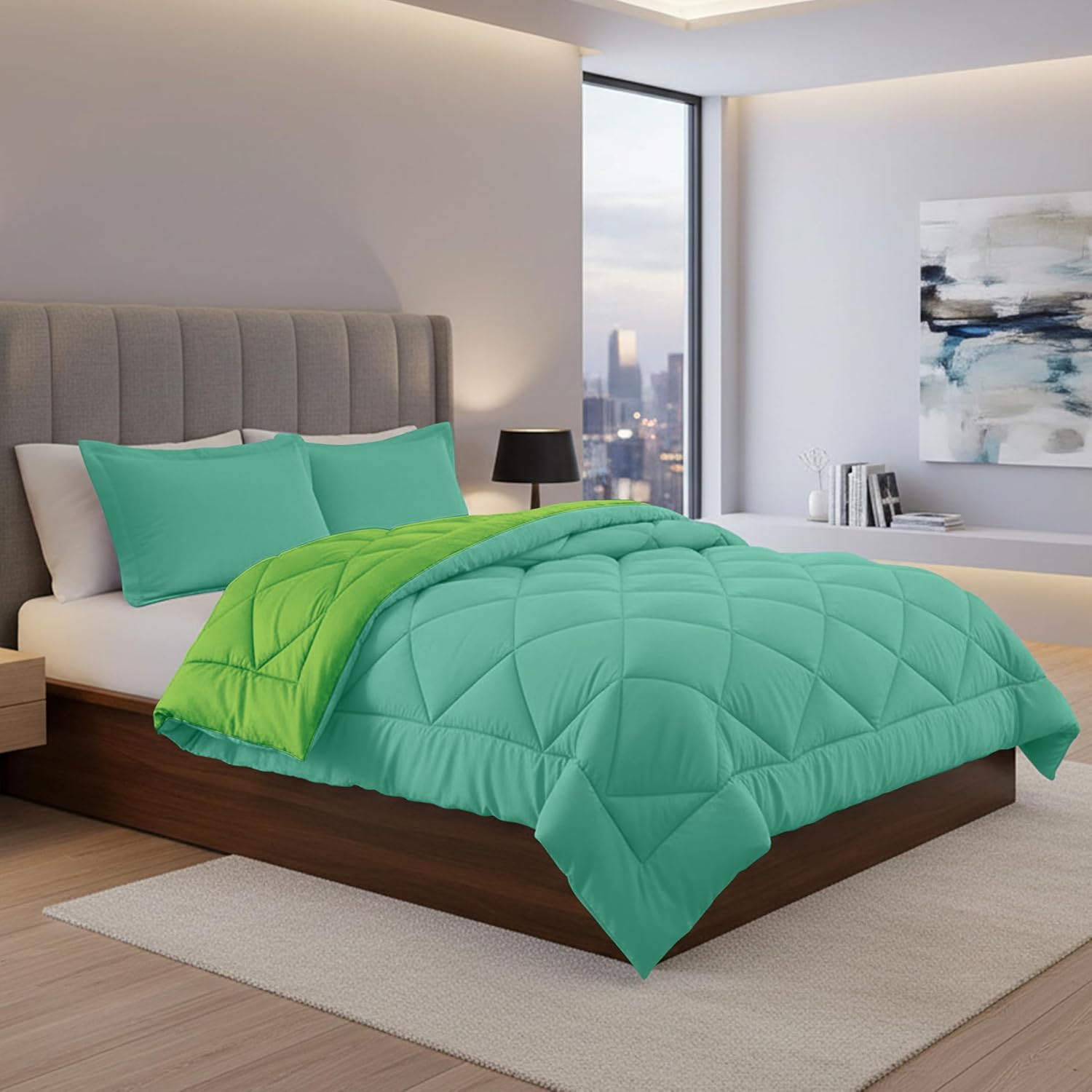 Elegance Linen Silky Soft - Goose Down Alternative Reversible 2pc Comforter Set- Available in A Few Sizes and Colors, Twin/Twin XL, Aqua/Lime