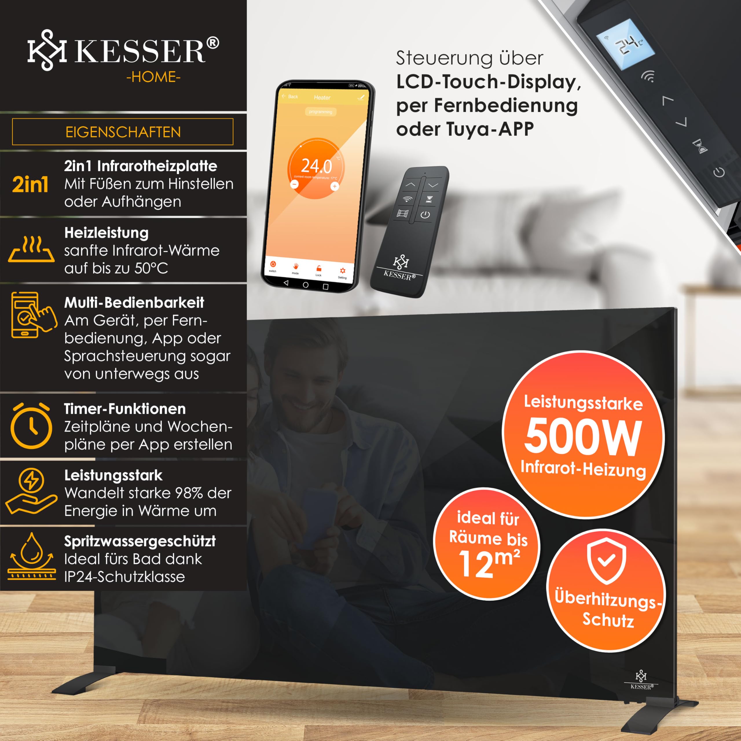 KESSER® Riscaldamento a Infrarossi 500W, Convettore in Vetro, 2 in 1 e Montaggio a Parete, Riscaldamento elettrico con rilevazione, Finestra Aperta + Telecomando e Controllo App, Nero