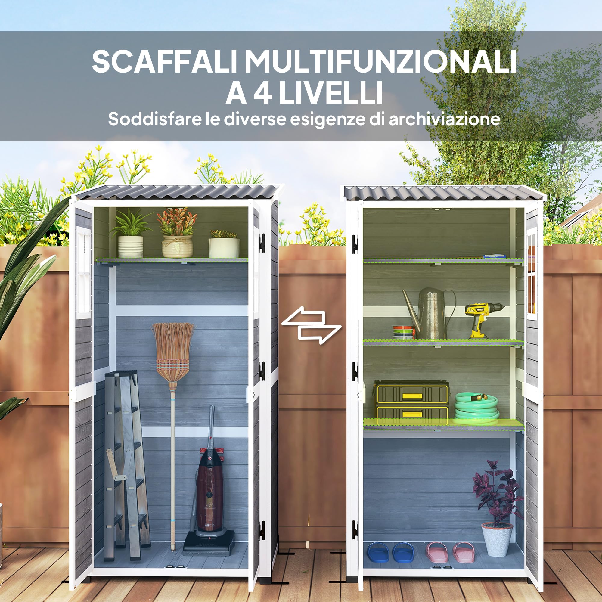 Outsunny Capanno Porta Attrezzi da Giardino in Legno di Abete con 2 Finestre e Ripiani Regolabili, Casetta Attrezzi Giardino Bloccabile, Tetto Spiovente per Patio Terrazza, 91x69x192cm, Grigio Chiaro