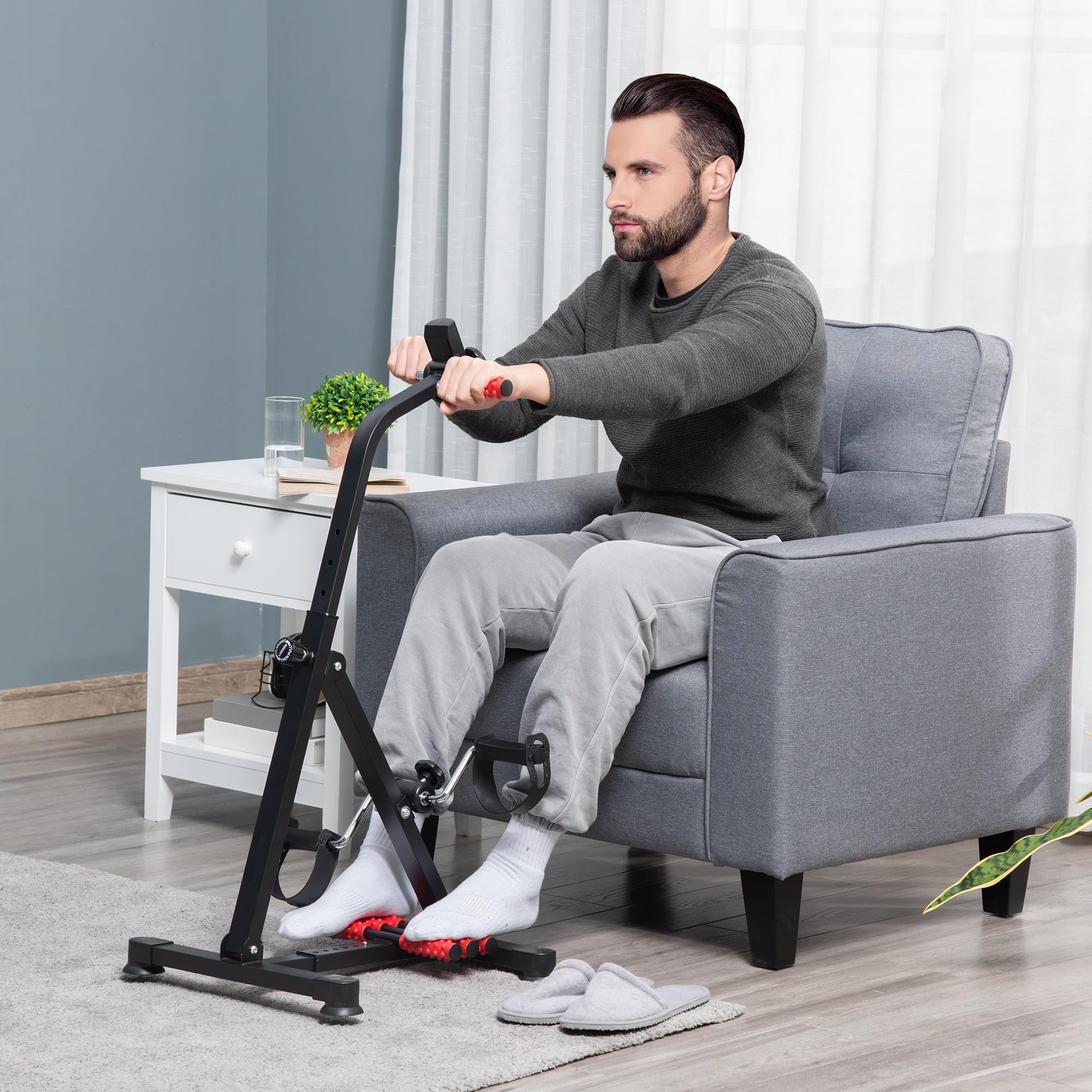 HOMCOM Pedaltrainer für Senioren Höhen- und Längenverstellbar Mini Heimtrainer mit Griff LCD Display Befestigungsband Anti-Rutsch-Matte Arm- und Beintrainer Bewegungstrainer Mini Bike für Zuhause Büro