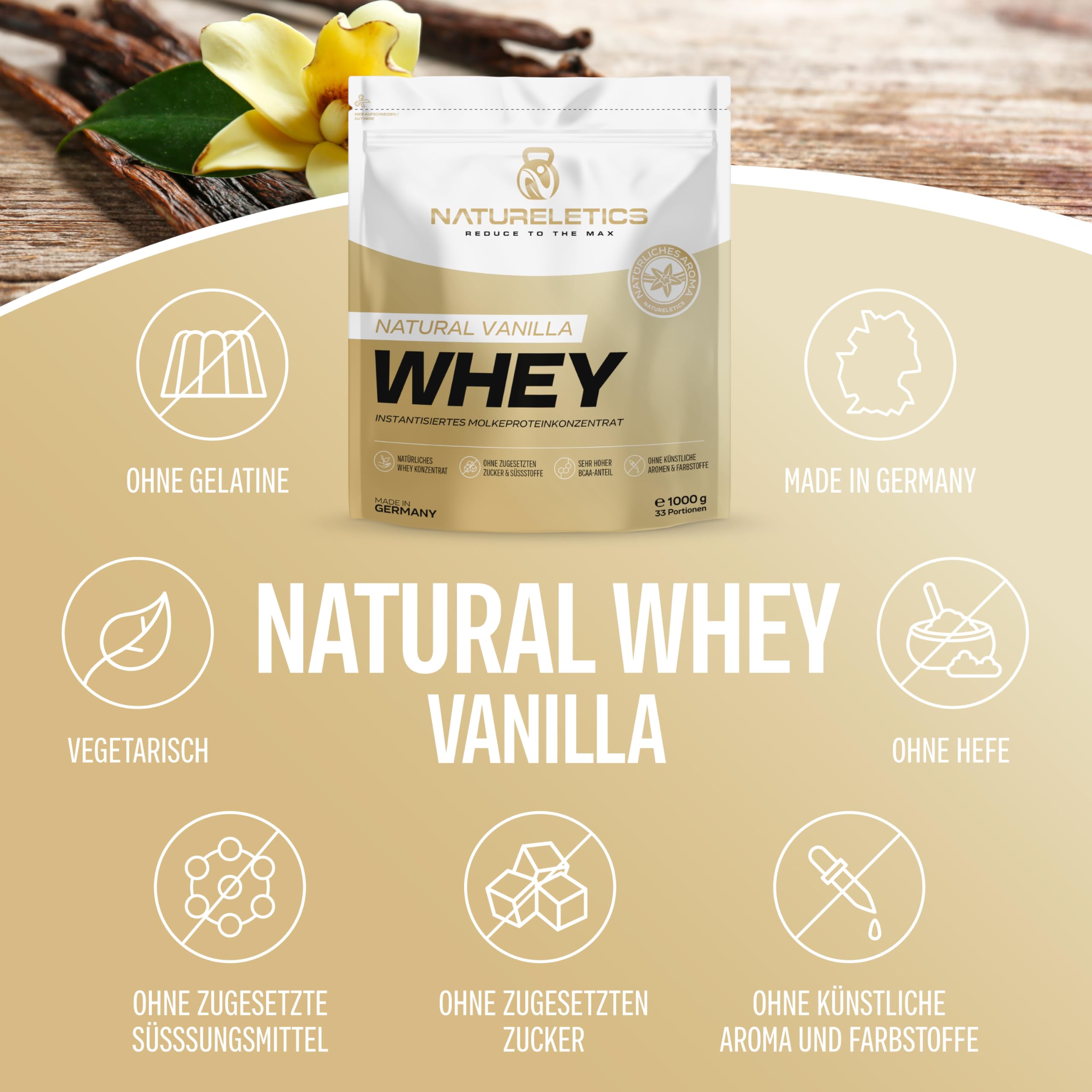 NATURELETICS VANILLE Whey Protein Ungesüßt ohne Süßstoffe und Zuckerzusatz Natürliches Premium Eiweißpulver, 1kg ohne Aspartam & Sucralose, Low Carb, Hoher BCAA-Anteil, Made in Germany