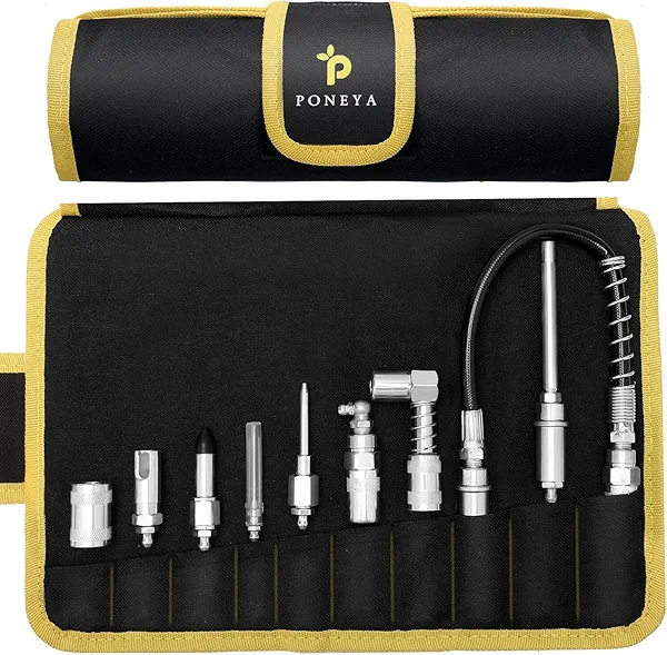 9 PCS Grease Gun Couplers, Quick Connect Greasing Accessory Kit with Grease Gun Tips 12" Flex Hose & Roll Up Case, Perfect for Quick Release Grease Couplers to Reach Any Grease Fitting