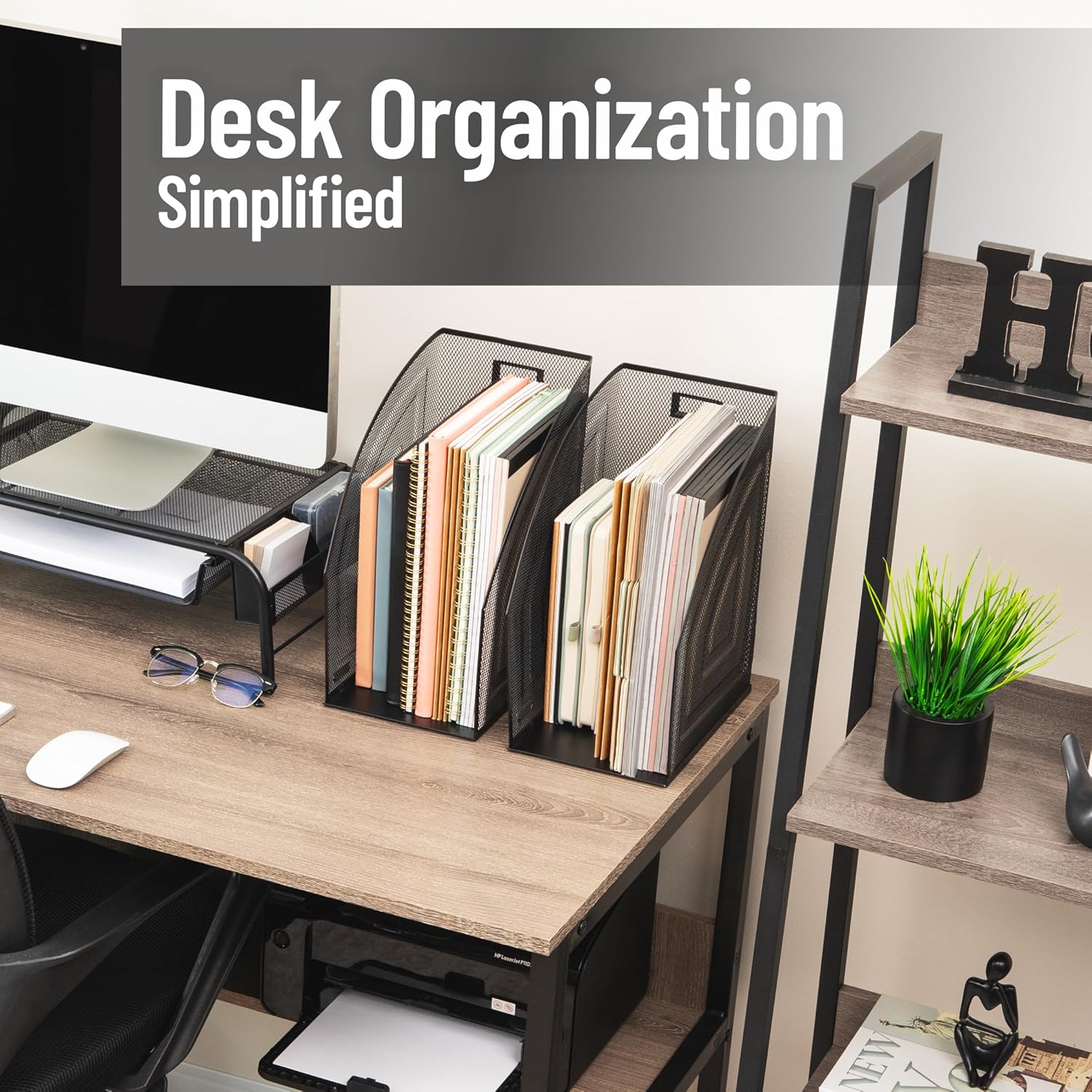 Mind Reader Vertical File Organizers, Desktop File Holders for Folders, Magazines, and Paperwork, Workspace Organizer, Metal Mesh, Set of 2, Black