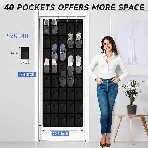Miniatura 3 de Organizador de zapatos con 40 bolsillos para colgar sobre la puerta, paquete de 2 organizadores de zapatos colgantes para armario de puerta,