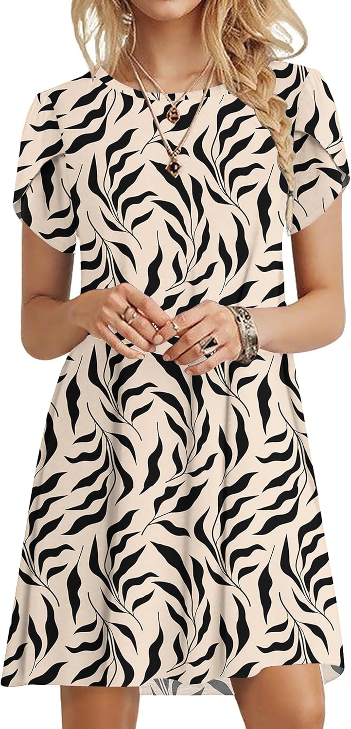 PLOKNRD Summer Dresses for Women UK Elegant Petal Short Sleeve T-Shirt Dress Crew Neck Casual Loose Swing Holiday Beach Dress with Pockets