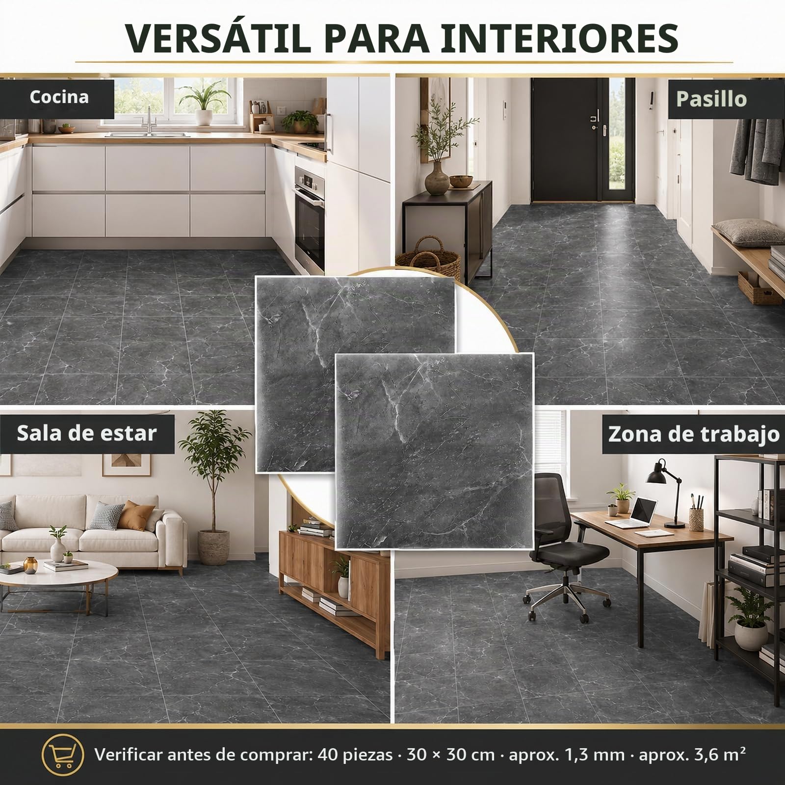 CYEER 40 baldosas autoadhesivas de PVC de 30 x 30 cm, color gris, para cocina, salón, baño (gris jaspeado)