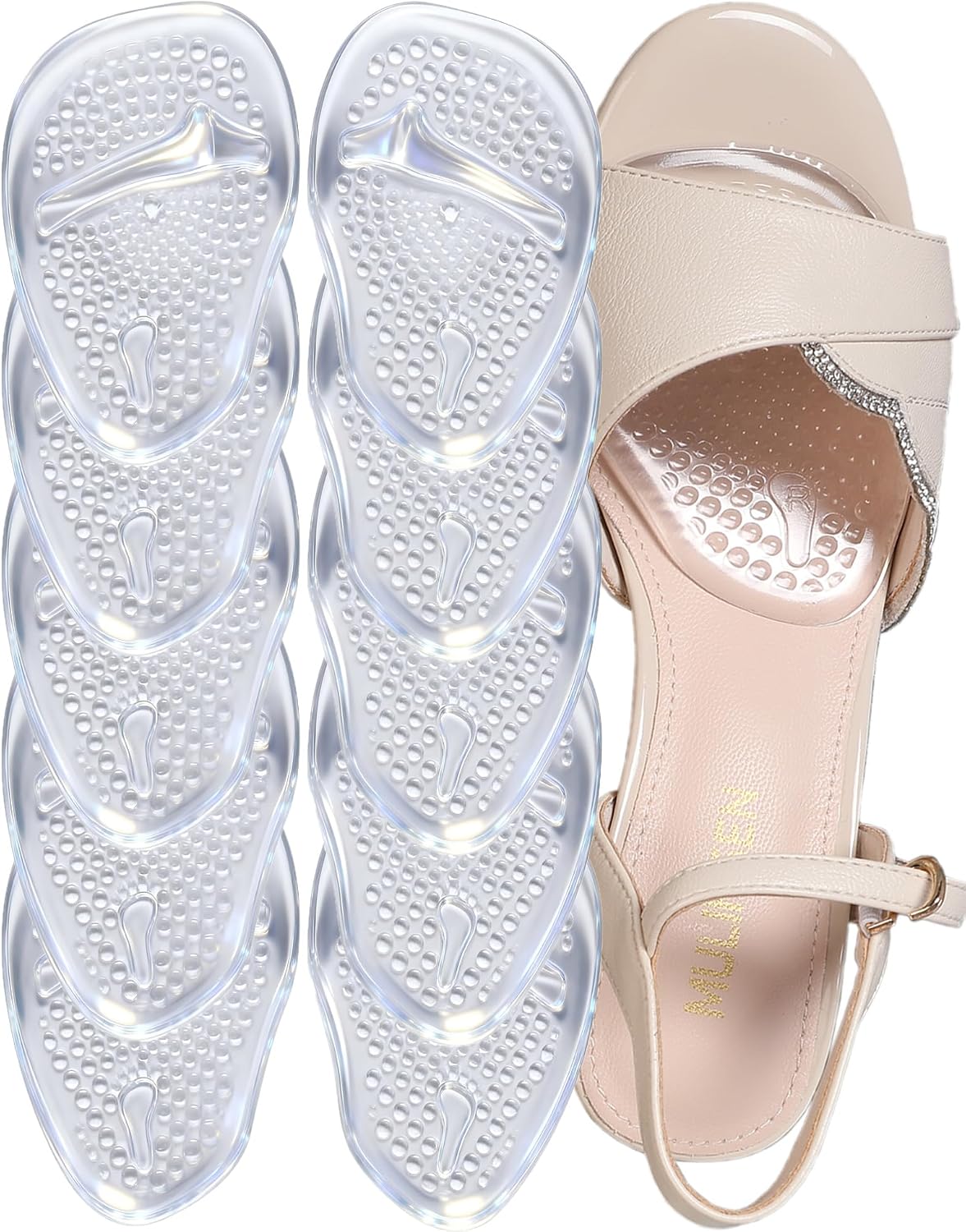 Ball of Foot Cushions for Women | Metatarsal Pads for High Heels | Massage Gel Shoe Pads Inserts for Comfort & Non-Slip | Clear Invisible Foot Pads for Stilettos & Flats(5Pairs Clear-Massage)