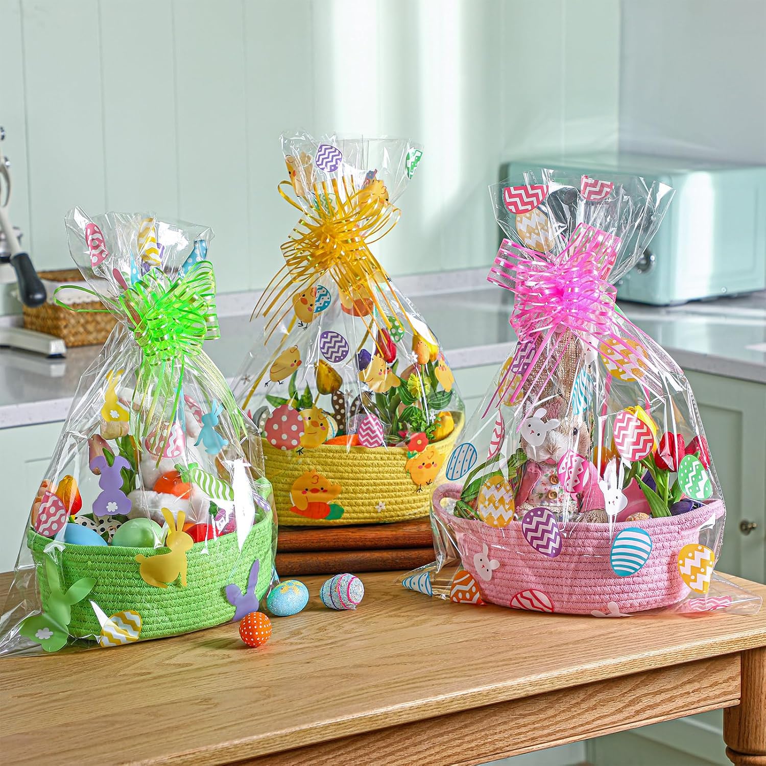 Teenyyou 3 Sets Easter Baskets for Gifts Empty with Wrap Cellophane Gift Bags Bows 12 x 9 x 5 Inch Easter Bunny Egg Woven Rope Basket to Fill Storage Box for Gift Wrapping Spring Party Decor image 5