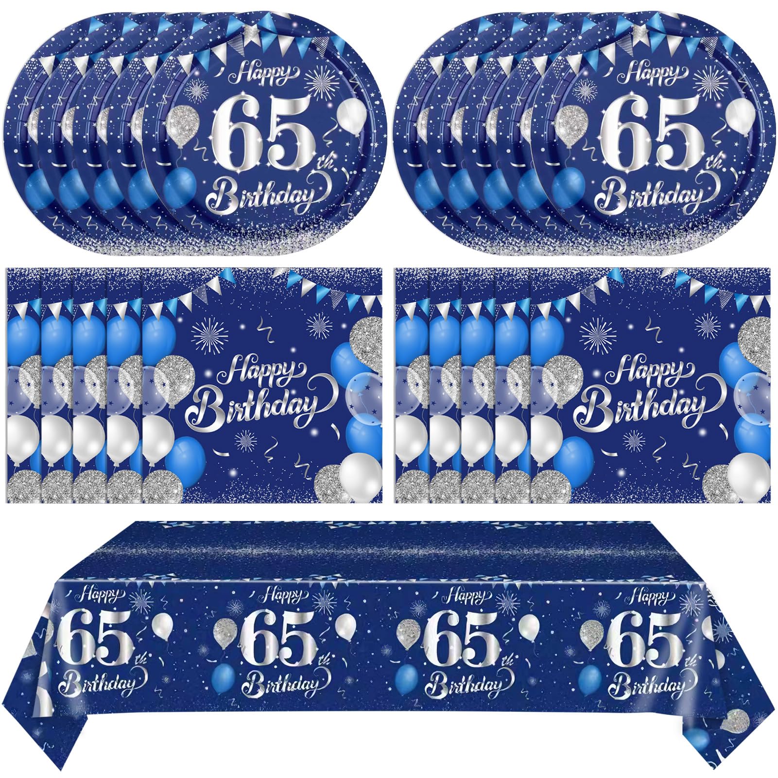 Photo 1 of **MISSING TABLECLOTH***41Pcs 65th Birthday Decorations Blue silver 65 Years Old Birthday Party Supplies Disposable Dessert Plates Napkins and Table Cloth Set 65th Birthday Table Decor for Men Women1960 Anniversary Serve 20