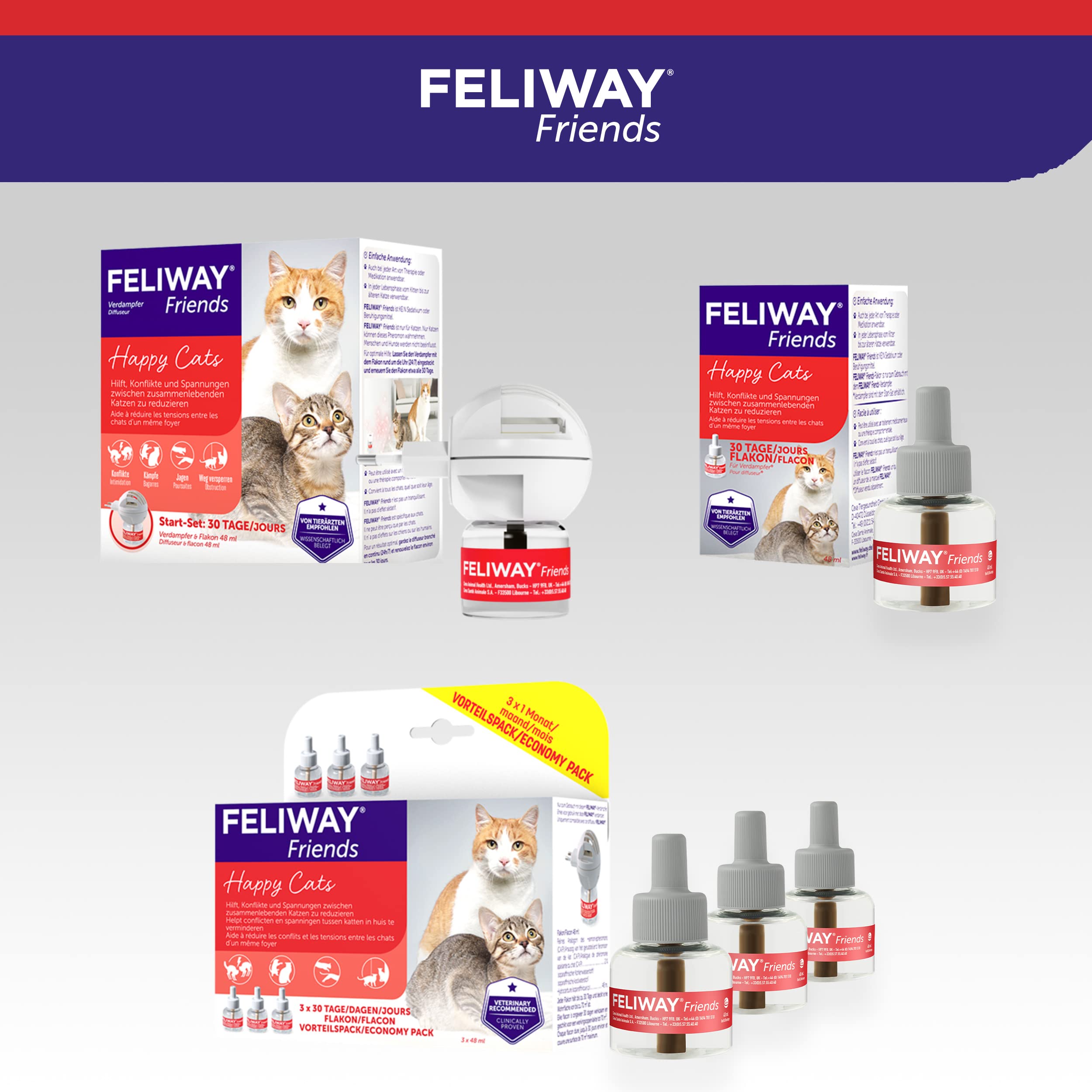 FELIWAY Friends Nachfüllflakon für Katzen | reduziert Konflikte & Spannungen wie Jagen, Kämpfen & Anstarren | reduziert Konfliktverhalten für glückliche Katzen | 3 x 48 ml (neu)