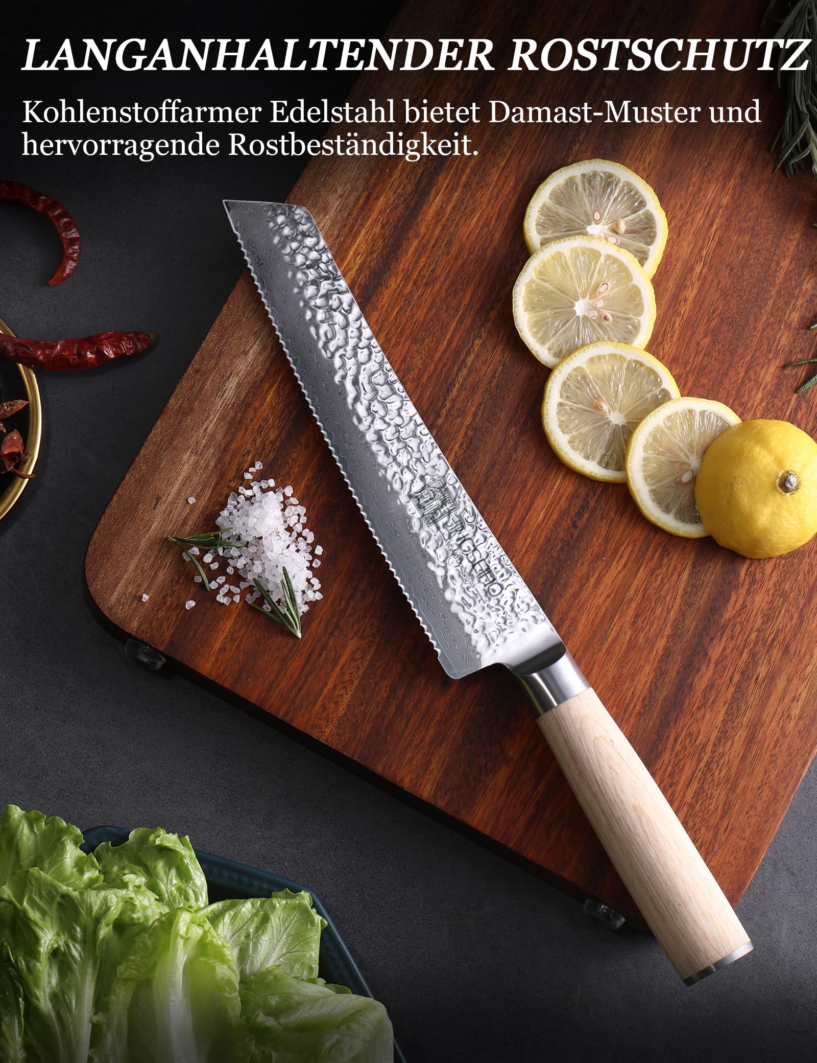 Nóż do chleba ząbkowany do pieczenia domowego - 20 cm rdzeń VG-10 ze stali damasceńskiej ultraostrej i trwałej, efektywne cięcie chrupiącego chleba na zakwasie