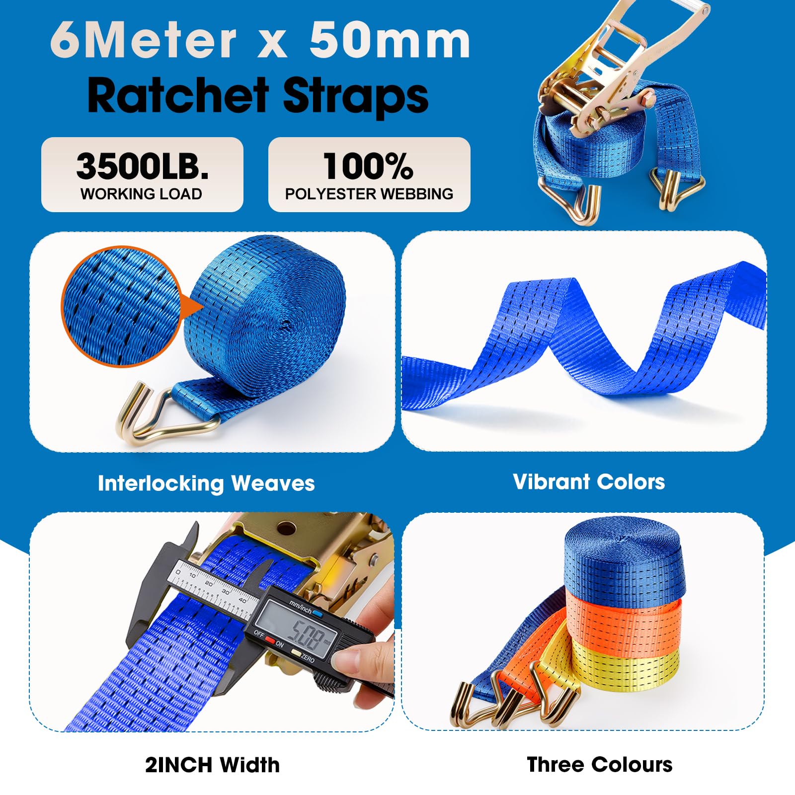 2 cinghie a cricchetto resistenti, 5 mm x 6 m, blu