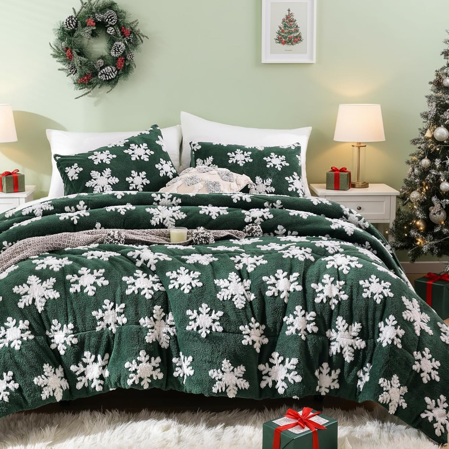 JANZAA Christmas Bedding Full Size Comforter Sets Velvet Emerald Comforter Set with White Snowflake Stereoscopic 3 Pieces Full Size Bedding Sets Soft and Fluffy