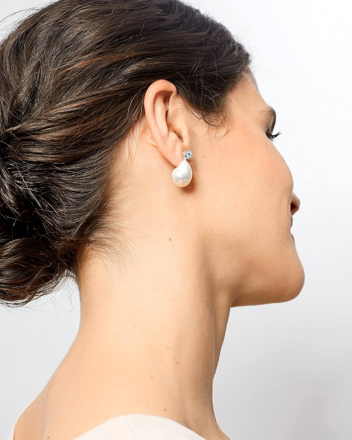 Women Pearl Earrings Freshwater Cultured Pearls Baroque Shape 12 to 13 mm with Large Zirconia Stone SECRET & YOU | Sterling Silver Earrings with Big Butterfly Backs.
