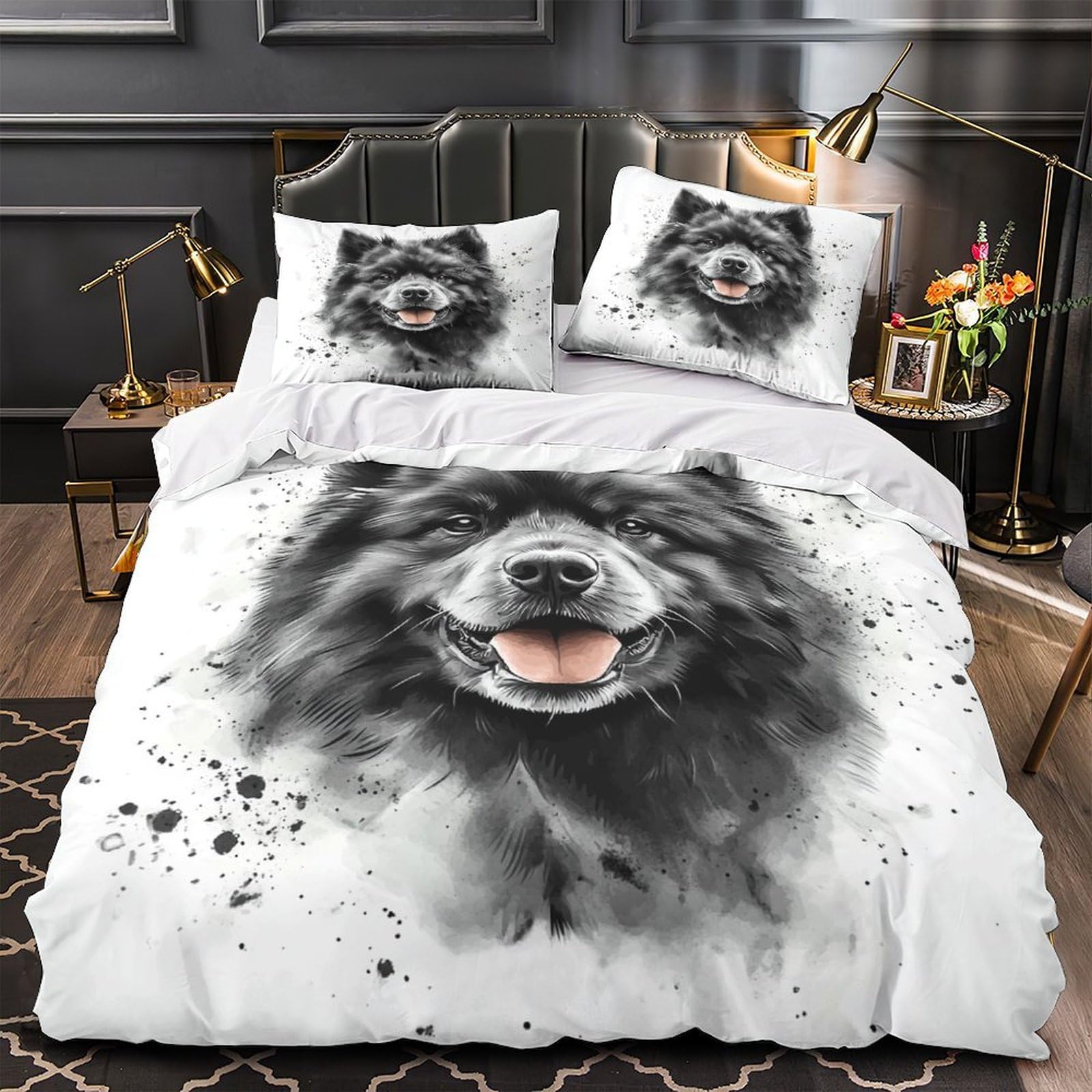 Housse de couette 260x220 chien noir drap de couette microfibre 3D