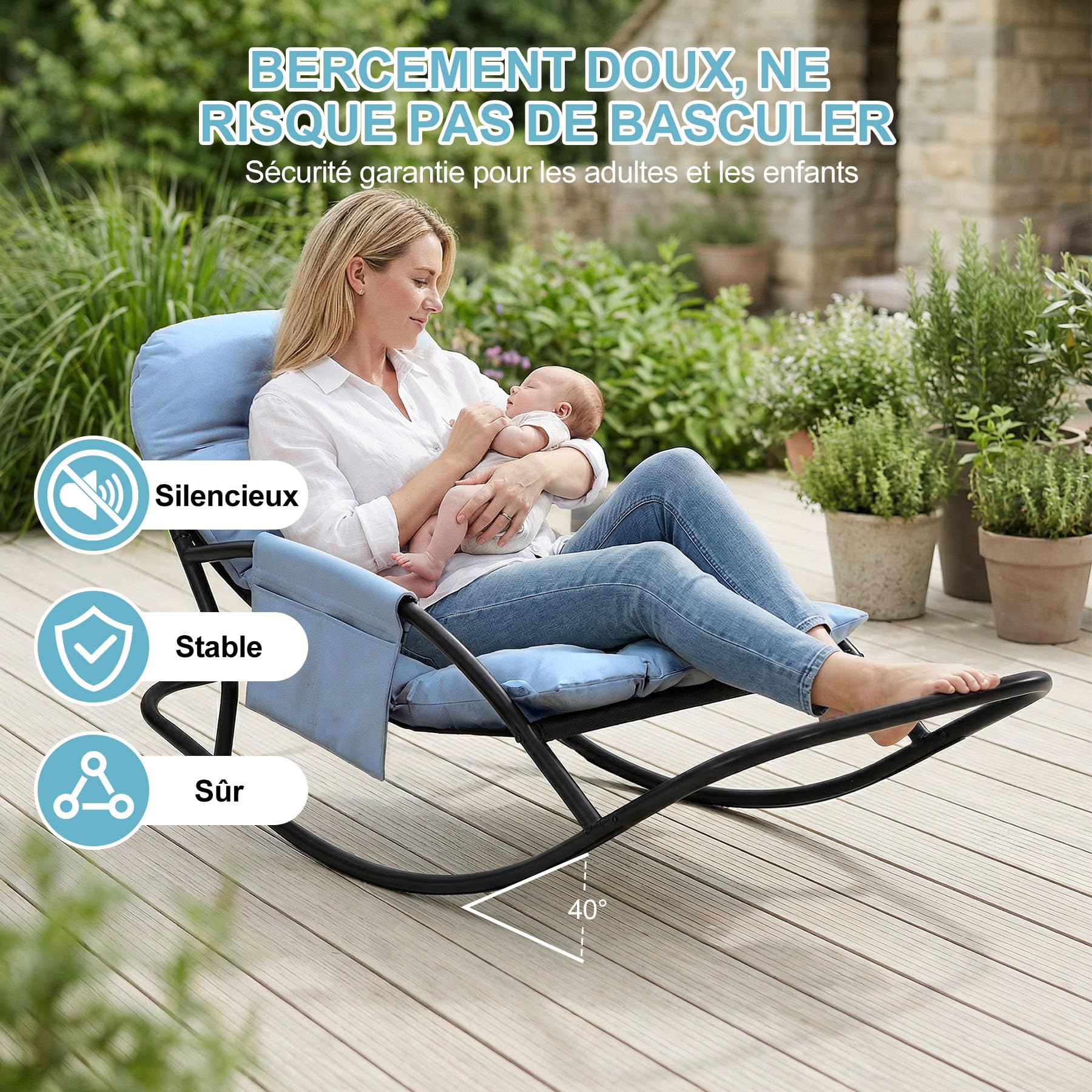 Fauteuil à Bascule Extérieur, Rocking Chair Papasan avec Coussin et Cadre, Cadre en métal Soutien des Pas, pour Chambre, Salon, Terrasse, Jardin,capacité de Charge 120 kg,Tissu Technique