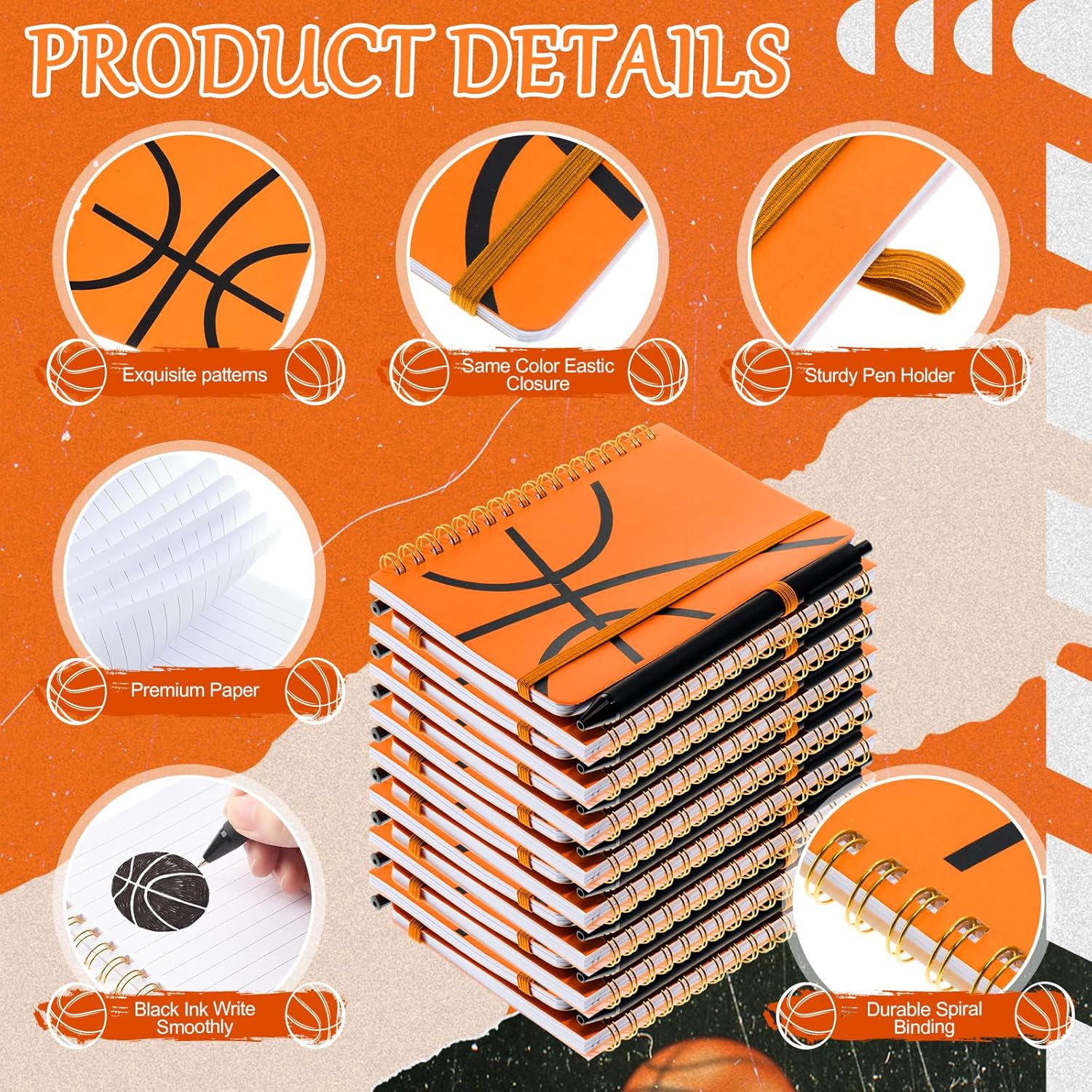 Fulmoon 24 Set Basketball A6 Spiral Notebook with Ballpoint Pens 50 Sheets, 4"x 6" Small College Ruled Notepads Journaling Notebooks Bulk Basketball Team Gifts for Back to School Supplies Offices