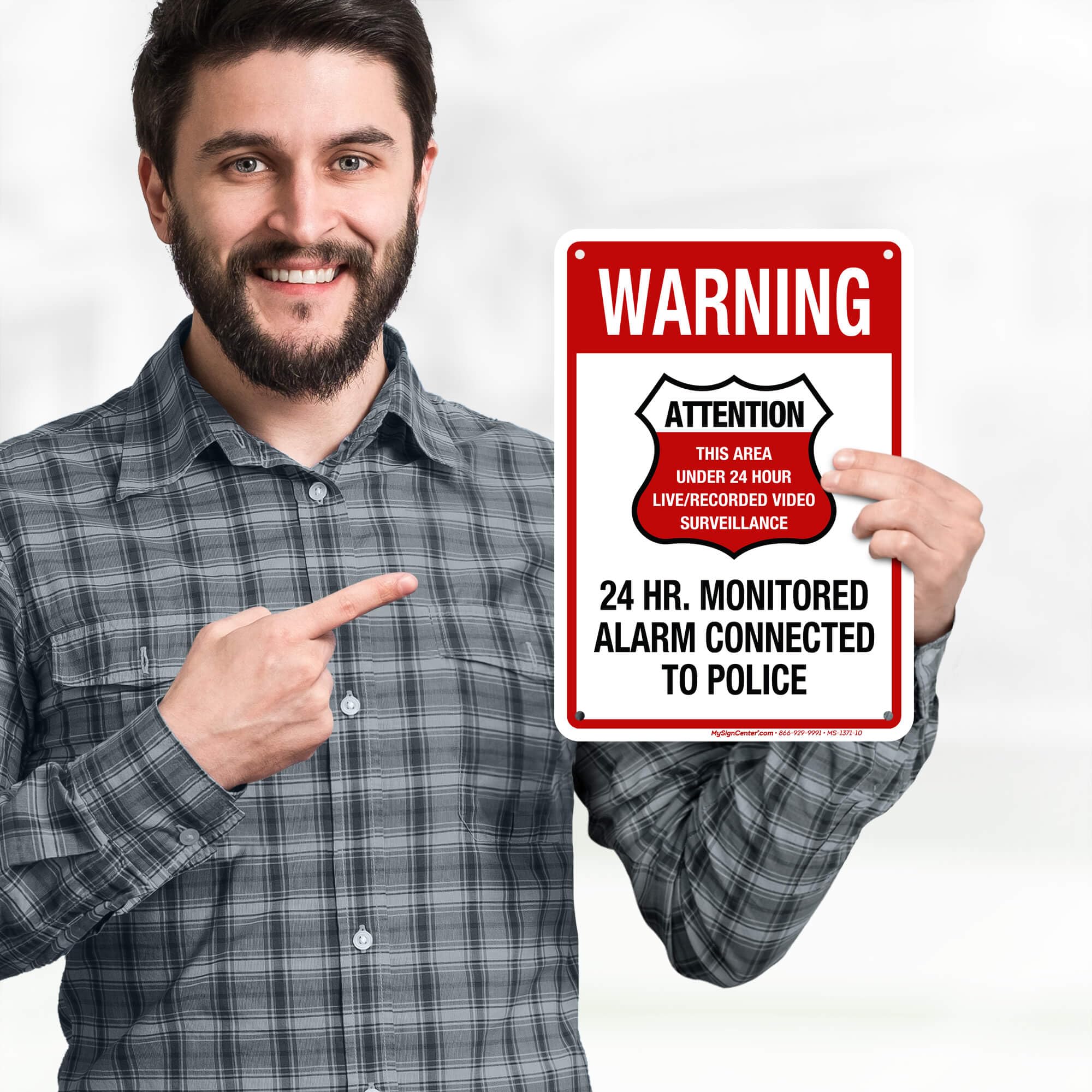 Warning 24 HR. Monitored Alarm Connected To Police Sign, 7x10 Inches, 55 mil thick HDPE (high density polyethylene), Made in USA by My Sign Center