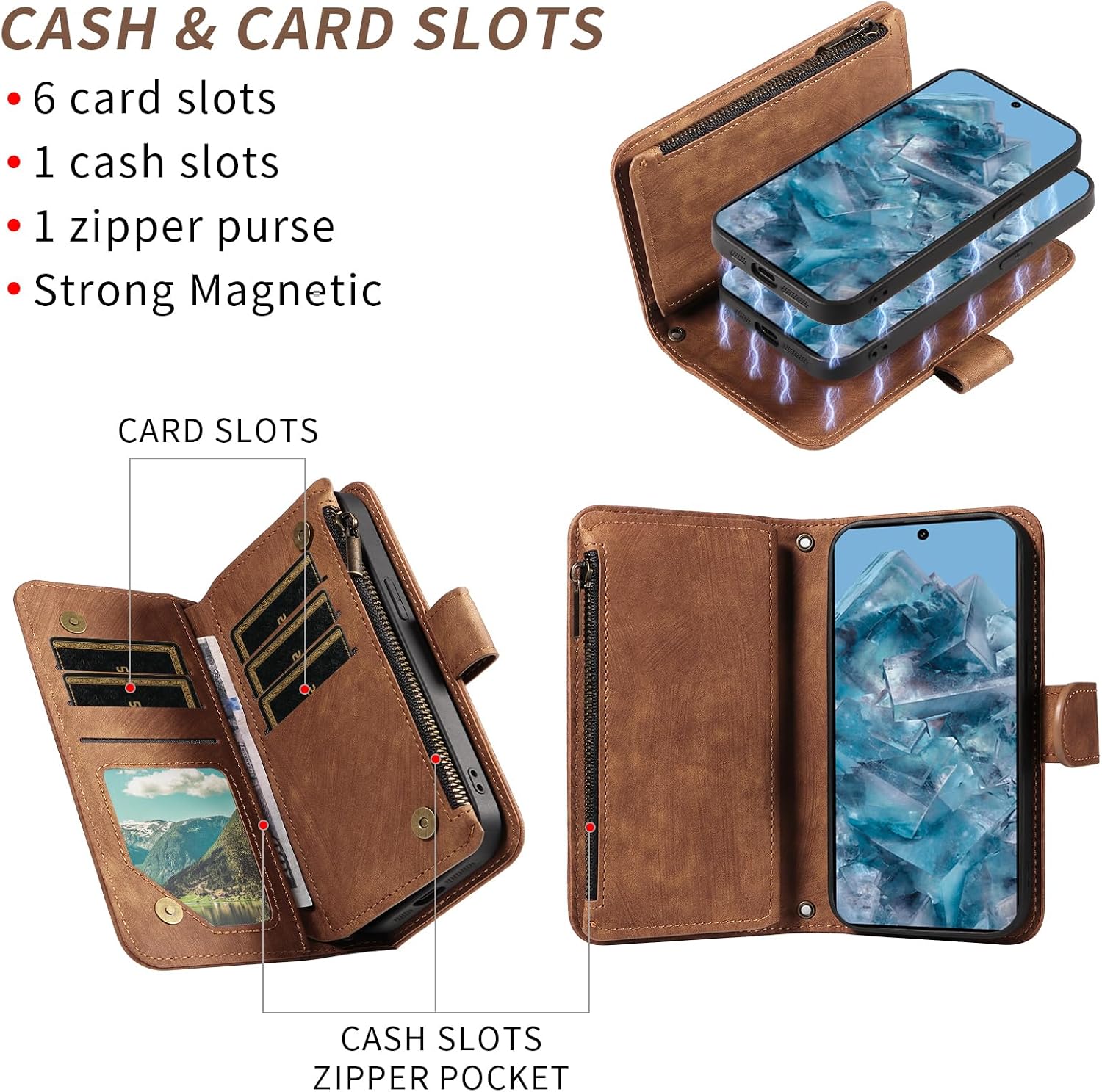 Asuwish Phone Case for Google Pixel 8 Pro 5G Zipper Wallet Detachable Magnetic Cover with Tempered Glass Screen Protector Crossbody Lanyard Card Holder Pixel8Pro Pixel8 XL Eight 8Pro Women Girls Brown