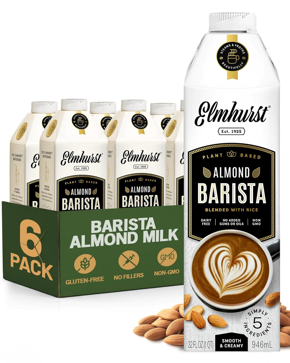 Elmhurst 1925 Almond Milk Barista Edition 32oz 6-Pack - Vegan Dairy-Free Non-GMO Froths for Lattes 3g Protein Simple Ingredients