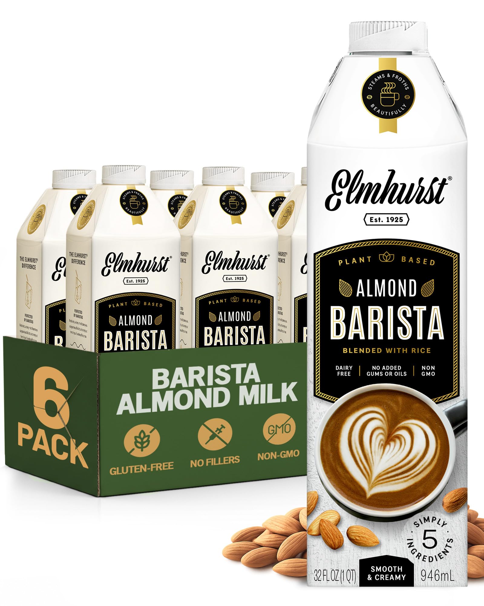Elmhurst 1925 Almond Milk Barista Edition – 32oz (6-Pack) Plant-Based, Vegan, Dairy-Free, Kosher, Gluten-Free, Non-GMO, Froths for Lattes & Iced Coffee, 3g Protein per Serving, Simple Ingredients