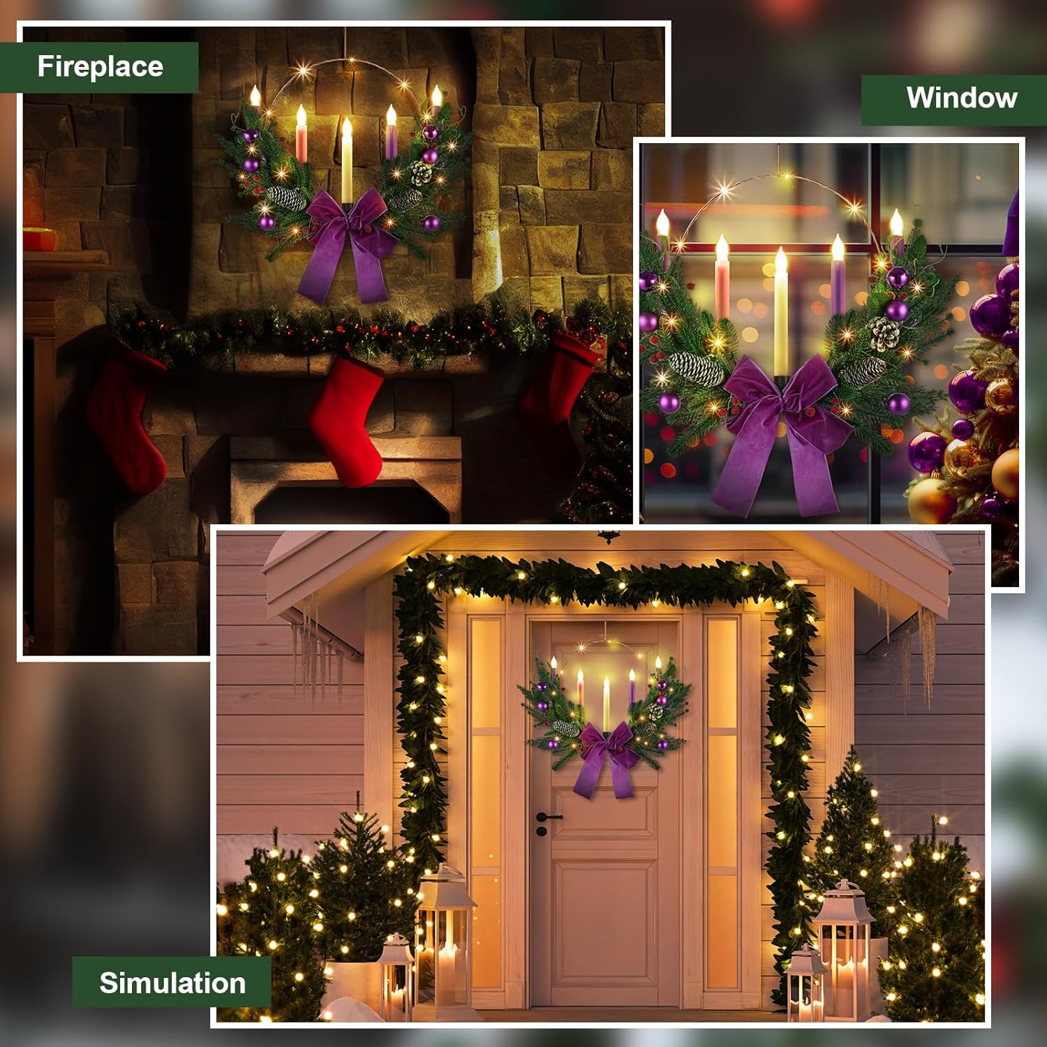 1 Set Advent Wreath with 5 Flameless Candle (Pink Purple White) and Timer Remote Control, 1 Advent Wreath Candle Holder, 1 LED Strings for Holiday Party Decor(Classic,20 Inch)