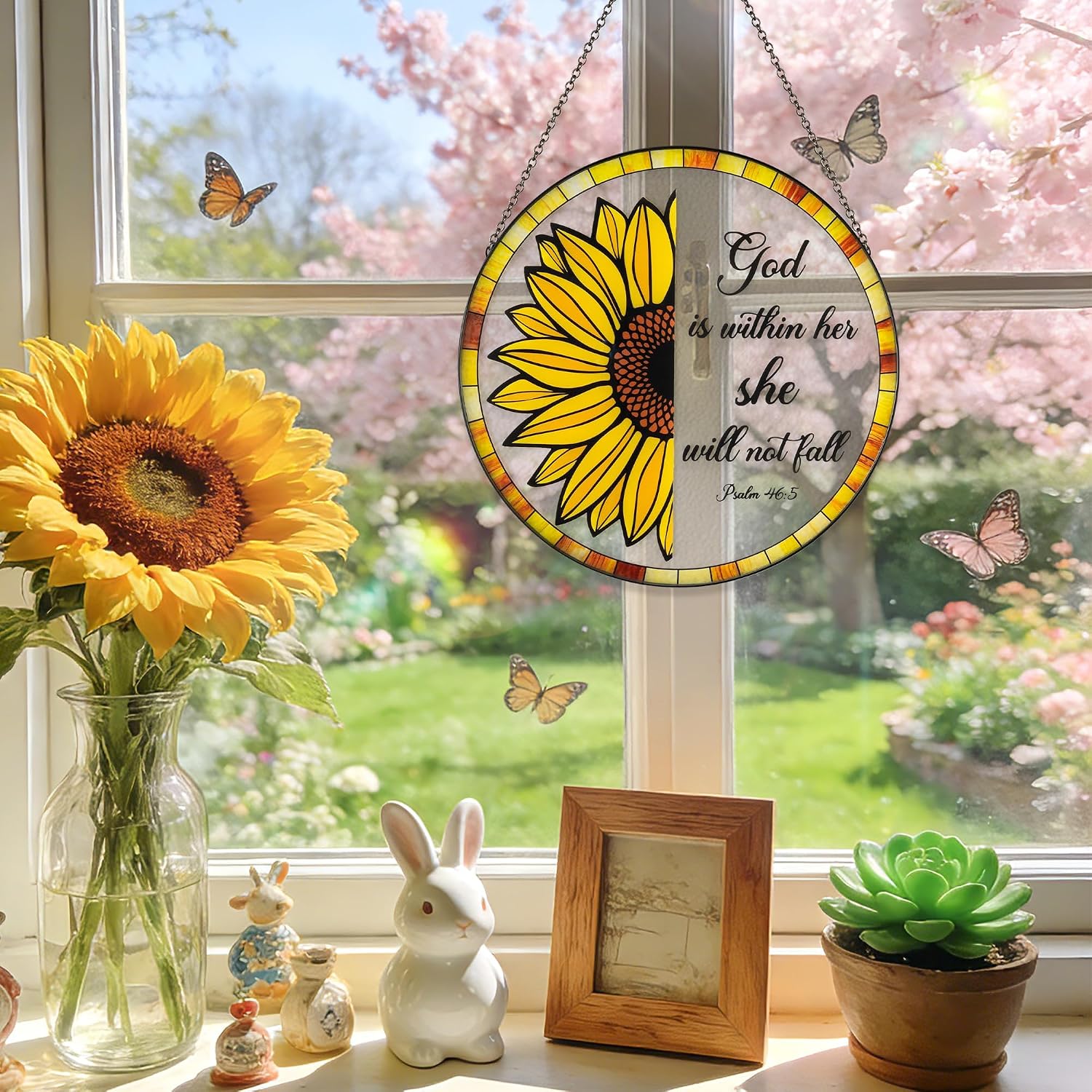 Stained Glass Suncatcher - 9.8in Sunflower Bible Verse Window Hanging for Women Housewarming Gift